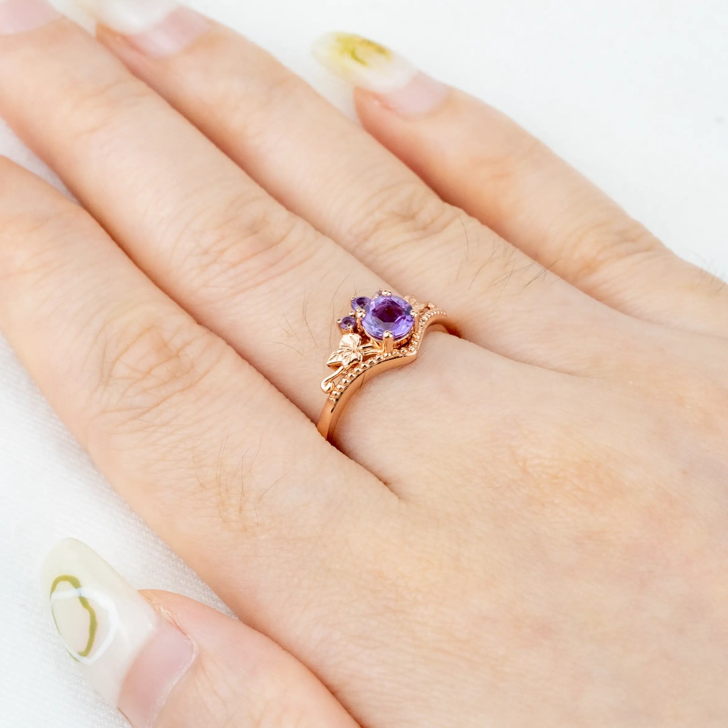 Amethyst Bloom Ring โ Nature-Inspired Vintage Leaf Engagement Ring February birthstone rings