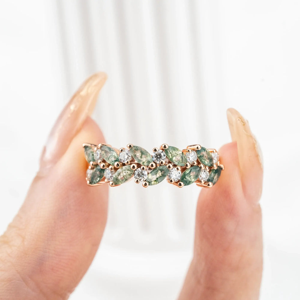 Anillo de compromiso con agata musgo y diamante, diseño inspirado en la naturaleza, engaste de carril para mujer.