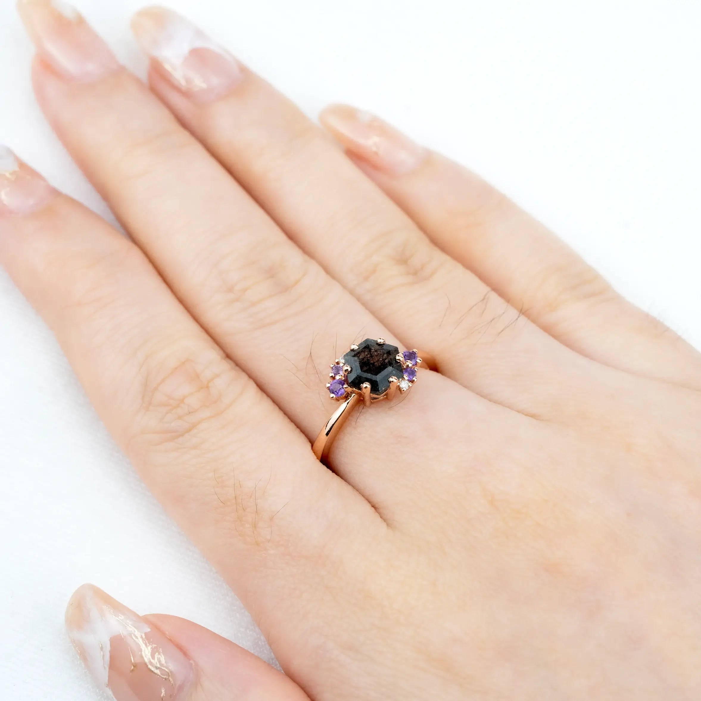 Calla - Hexagon Cut Black Rutilated Quartz Rings Cluster Engagement Rings FOR LADIES GIFT