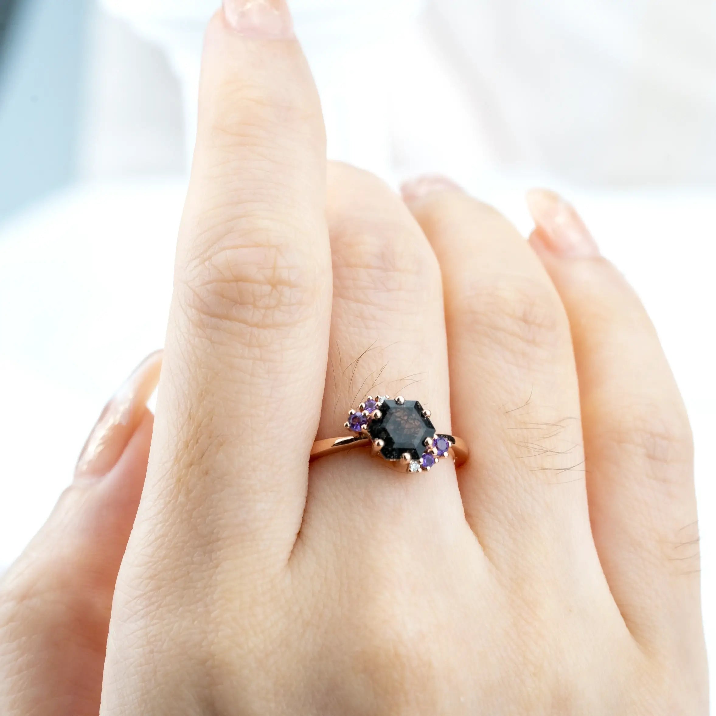 Calla - Hexagon Cut Black Rutilated Quartz Rings Cluster Engagement Rings