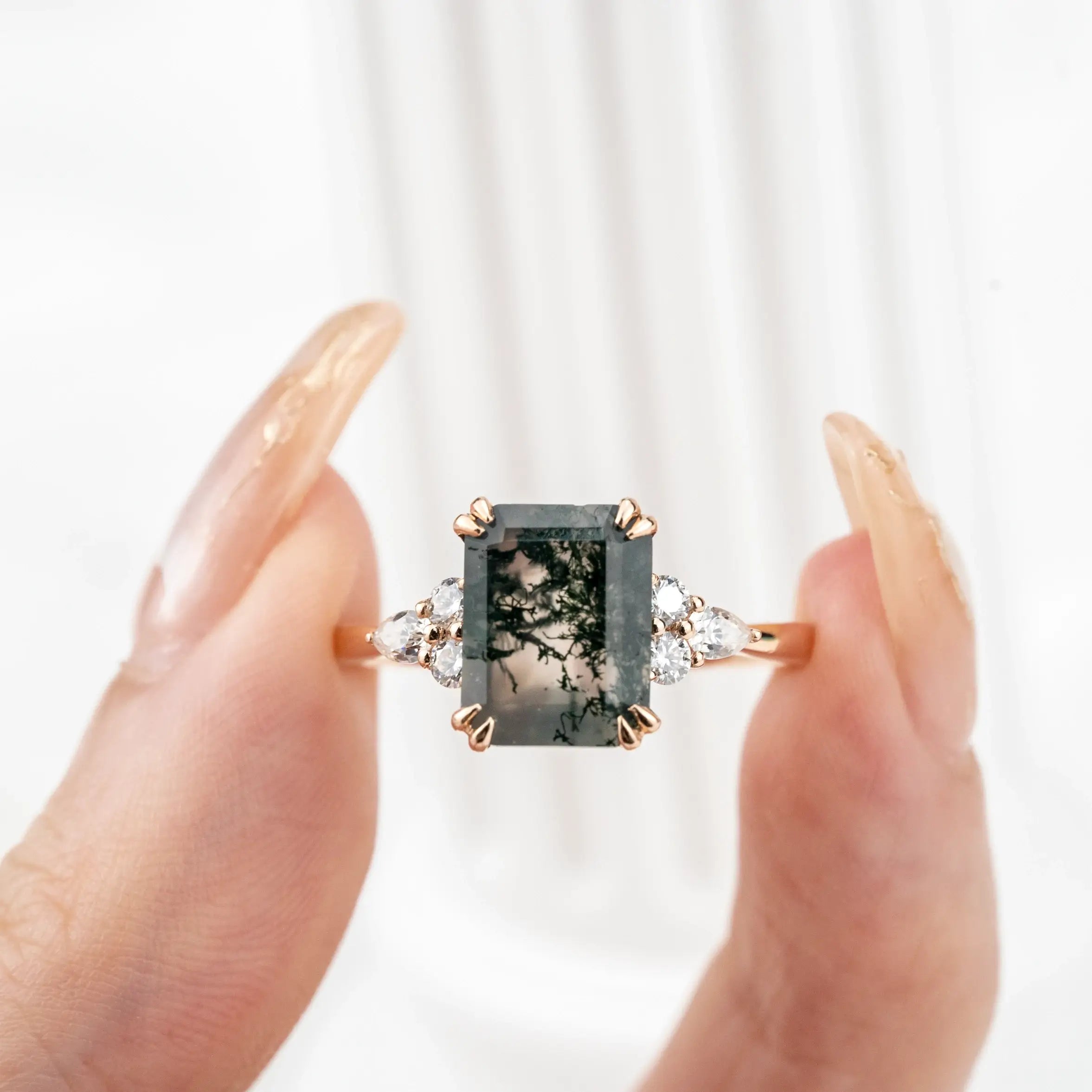 Shop Best Handmade Custom Emerald Cut Moss Agate Engagement Rings Cluster Gold Ring