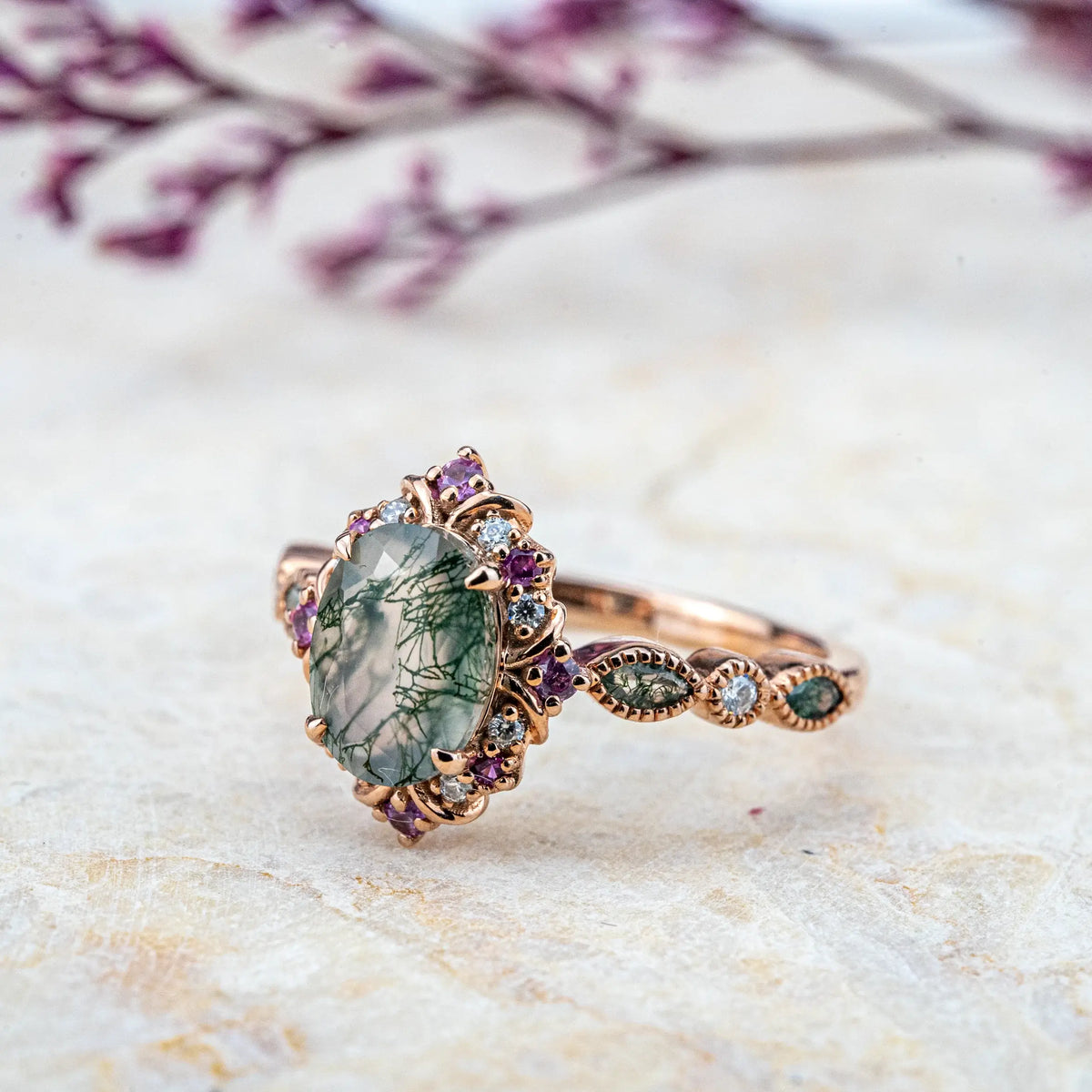 ORLEONE-Oval Moss Agate Rings Vintage Halo Engagement Ring Anniversary Rings for ladies gift