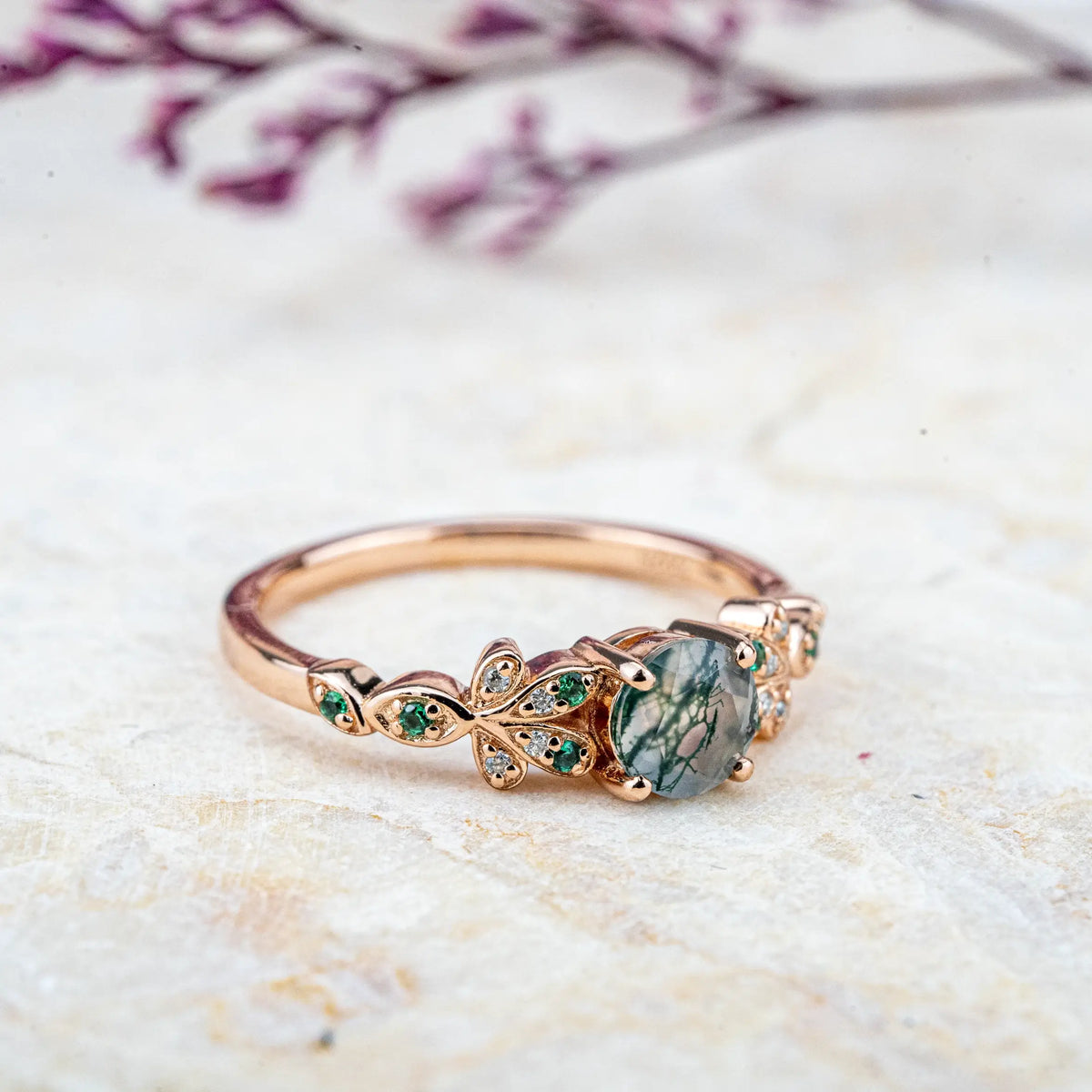 Bague de fiançailles Blossom - Agate mousse taille ronde, bague personnalisée avec fleur