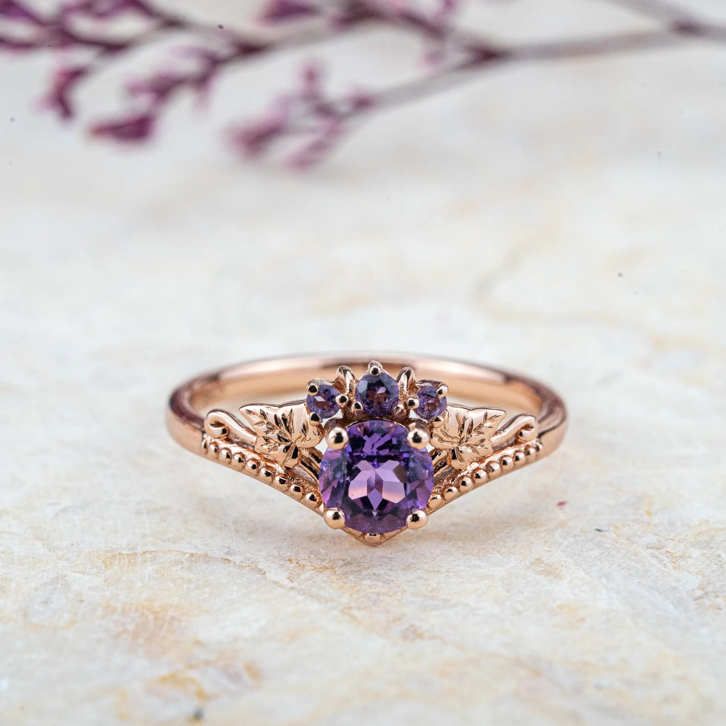 Amethyst Bloom Ring โ Nature-Inspired Vintage Leaf Engagement Ring February birthstone rings