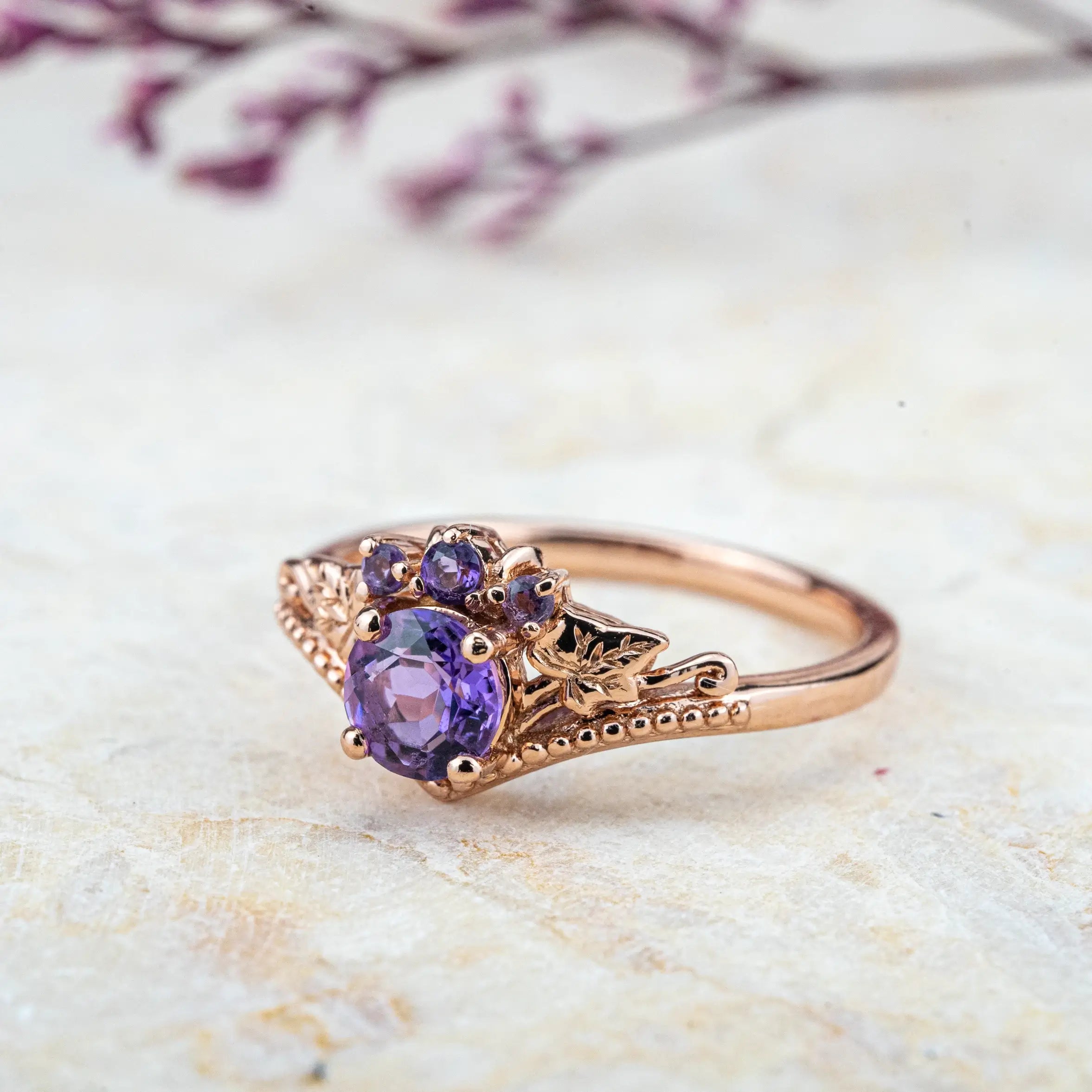 Amethyst Bloom Ring โ Nature-Inspired Vintage Leaf Engagement Ring February birthstone rings