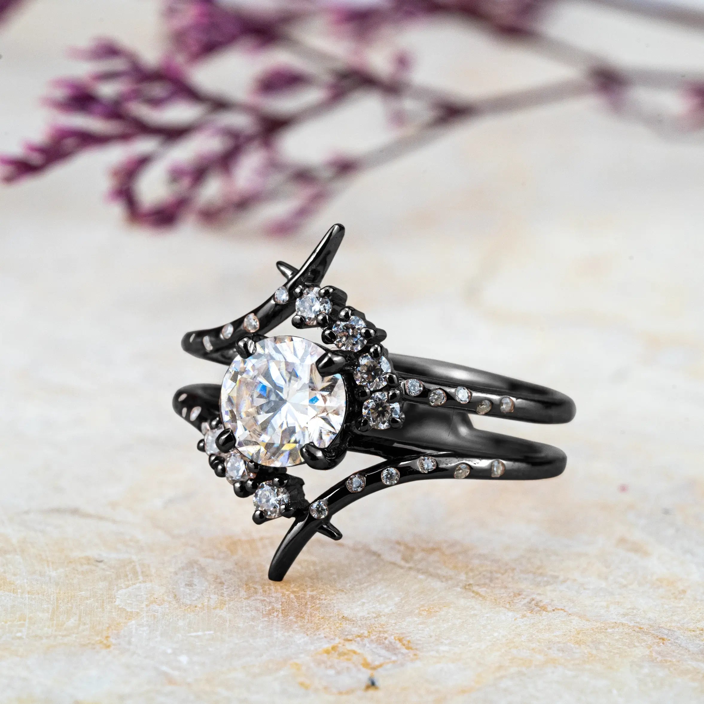 Astrid Black Gold Moissanite Ring – Celestial Double Band Engagement Rings Custom Unique Promise Ring