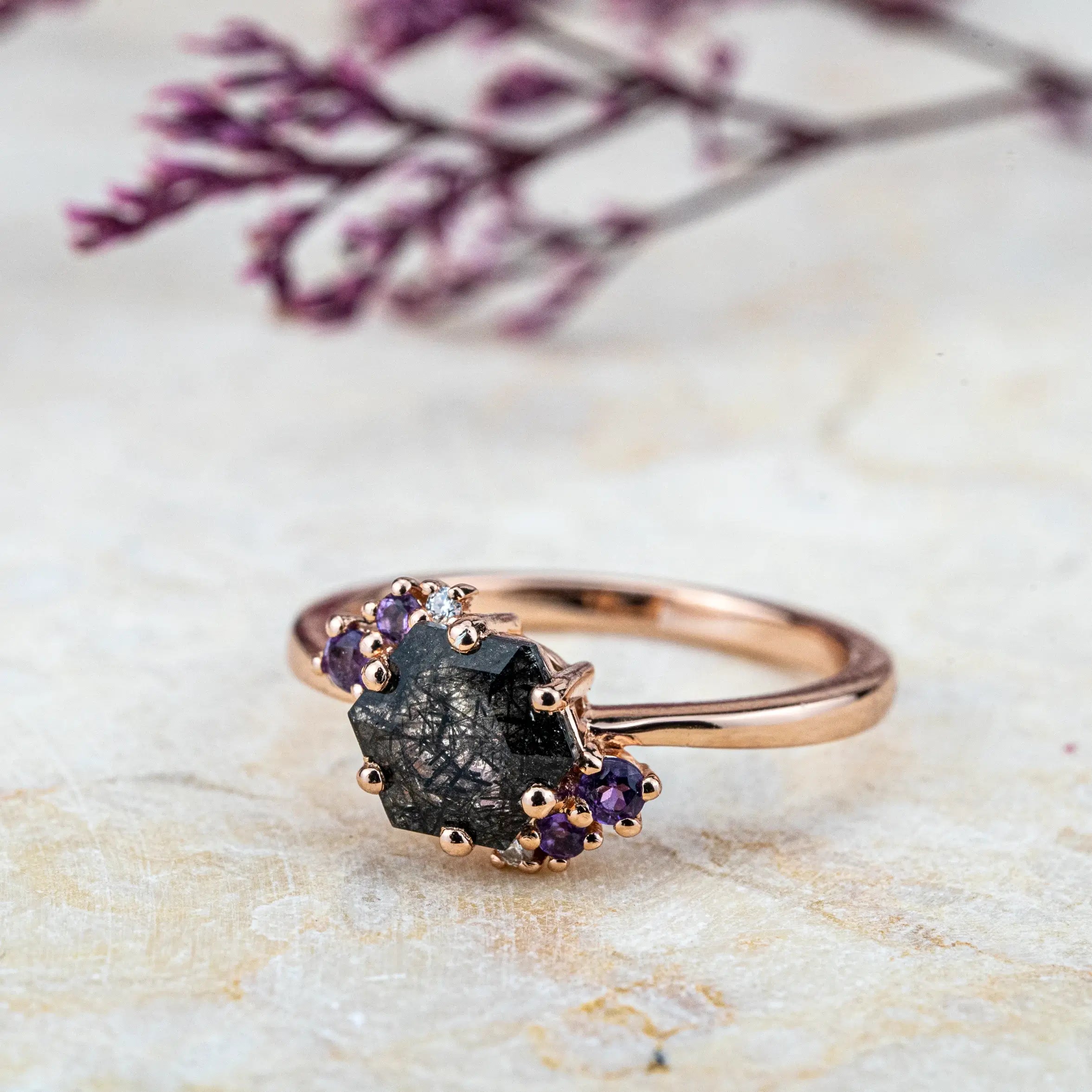 Calla - Hexagon Cut Black Rutilated Quartz Rings Cluster Engagement Rings