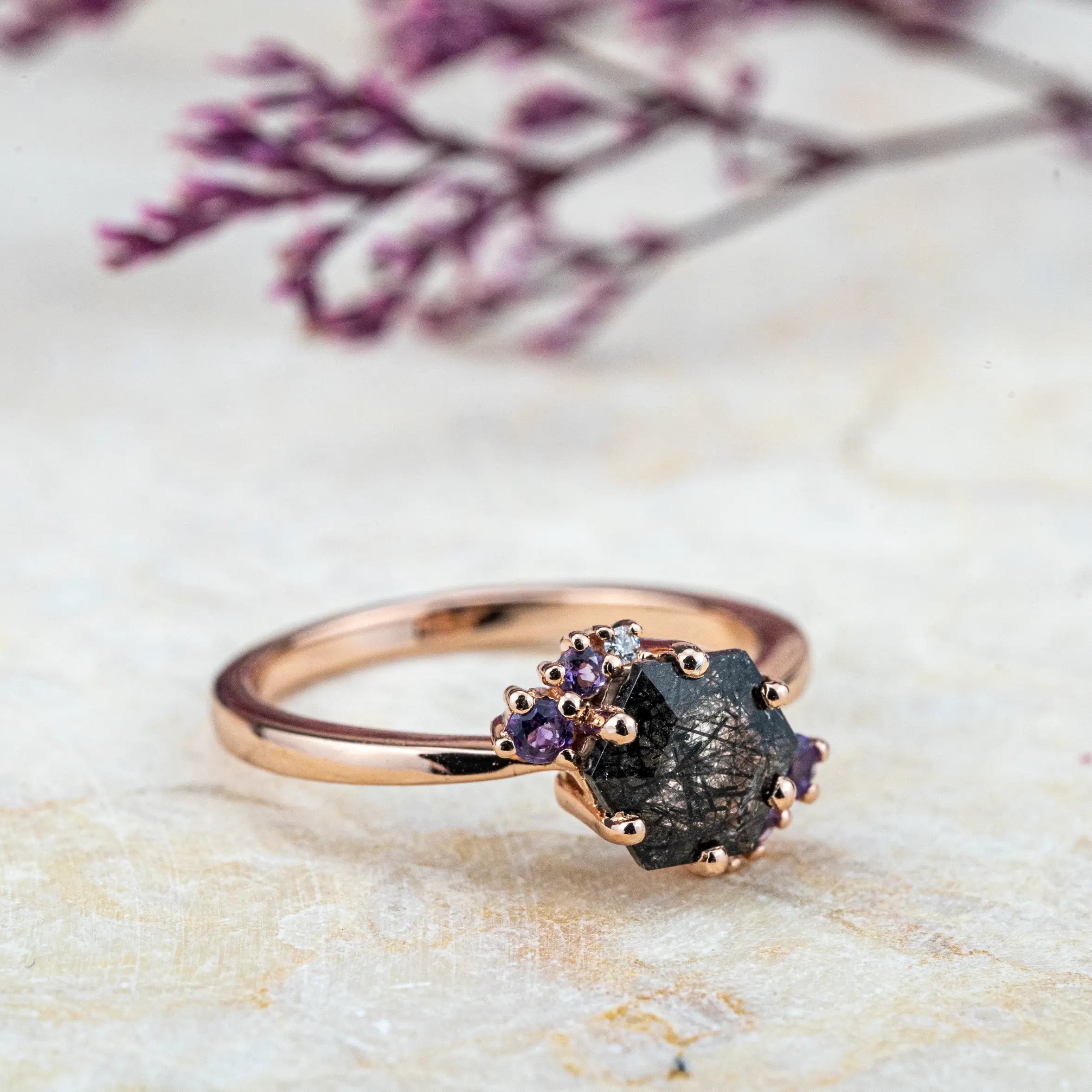 Calla - Hexagon Cut Black Rutilated Quartz Rings Cluster Engagement Rings FOR LADIES GIFT