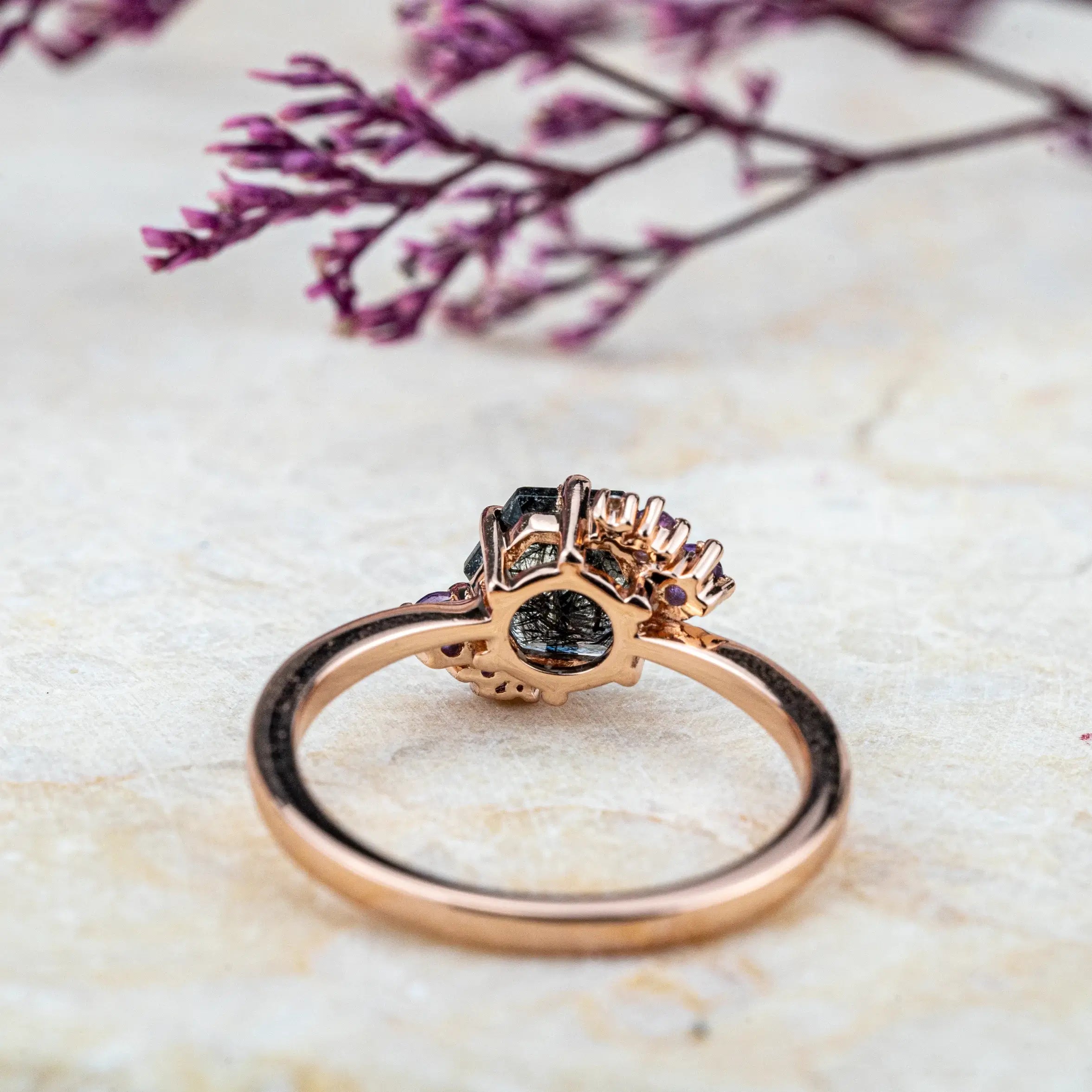 Calla - Hexagon Cut Black Rutilated Quartz Rings Cluster Engagement Rings