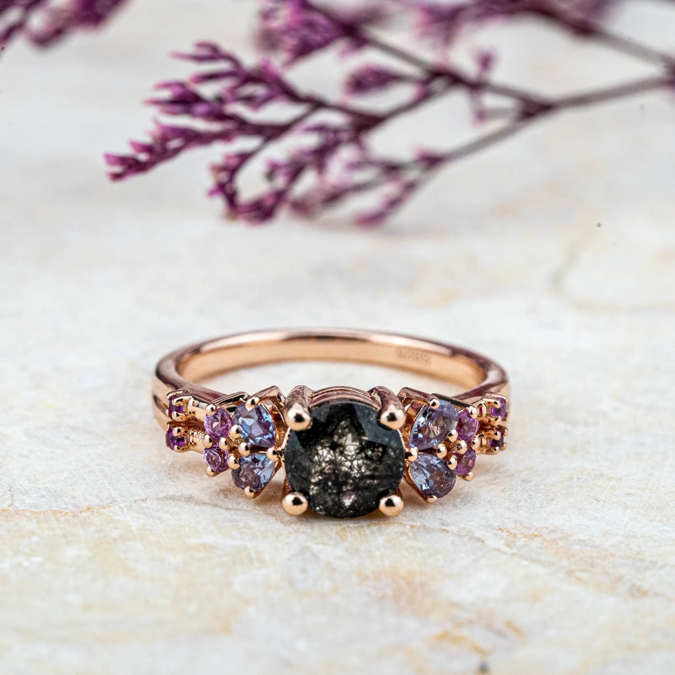 Black Rutilated Quartz Engagement Rings | Handmade Rose Gold Cluster Rings