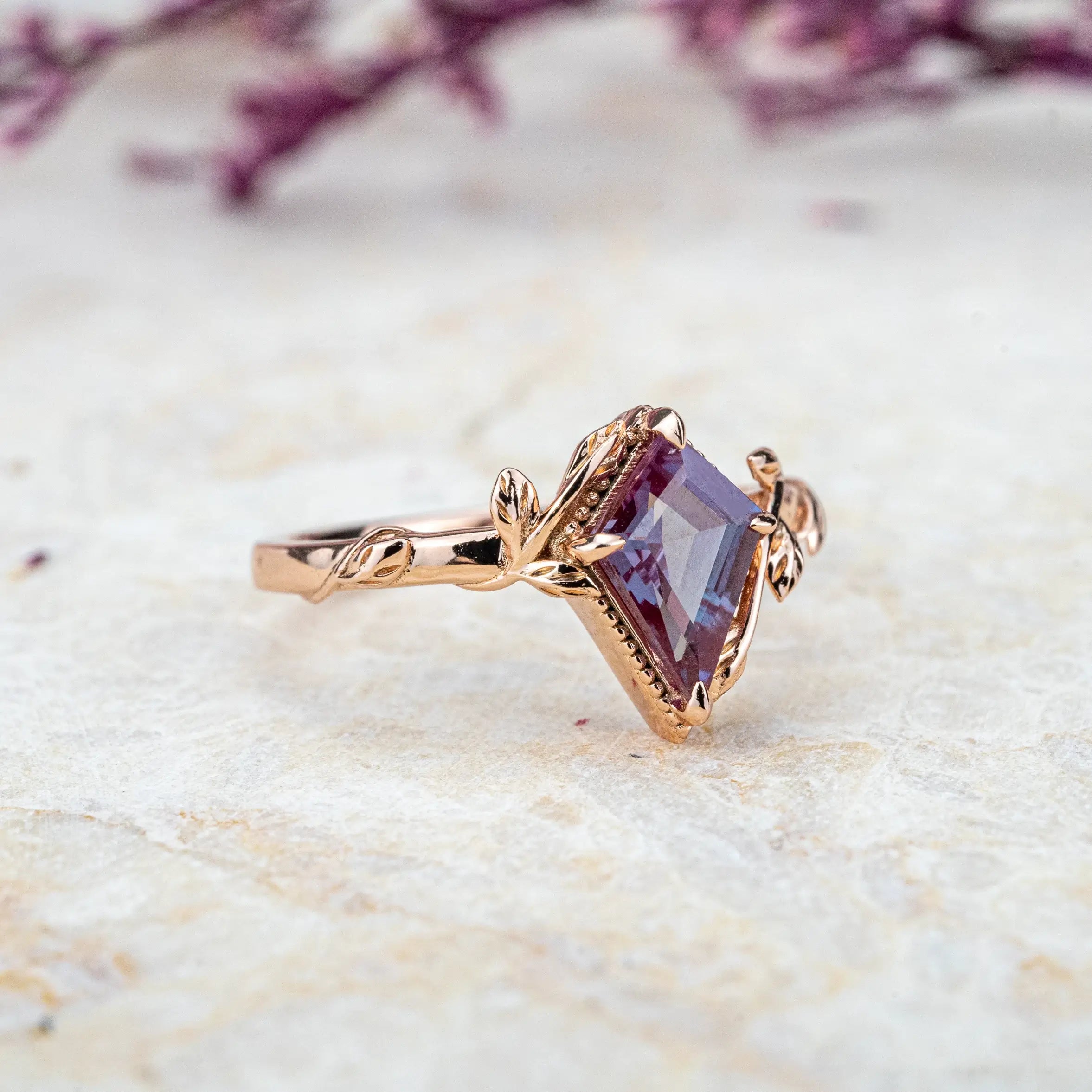 Kite-Cut Alexandrite Leaf Ring | Minimalist Anniversary Jewelry custom  art ring for ladies anniversary ring
