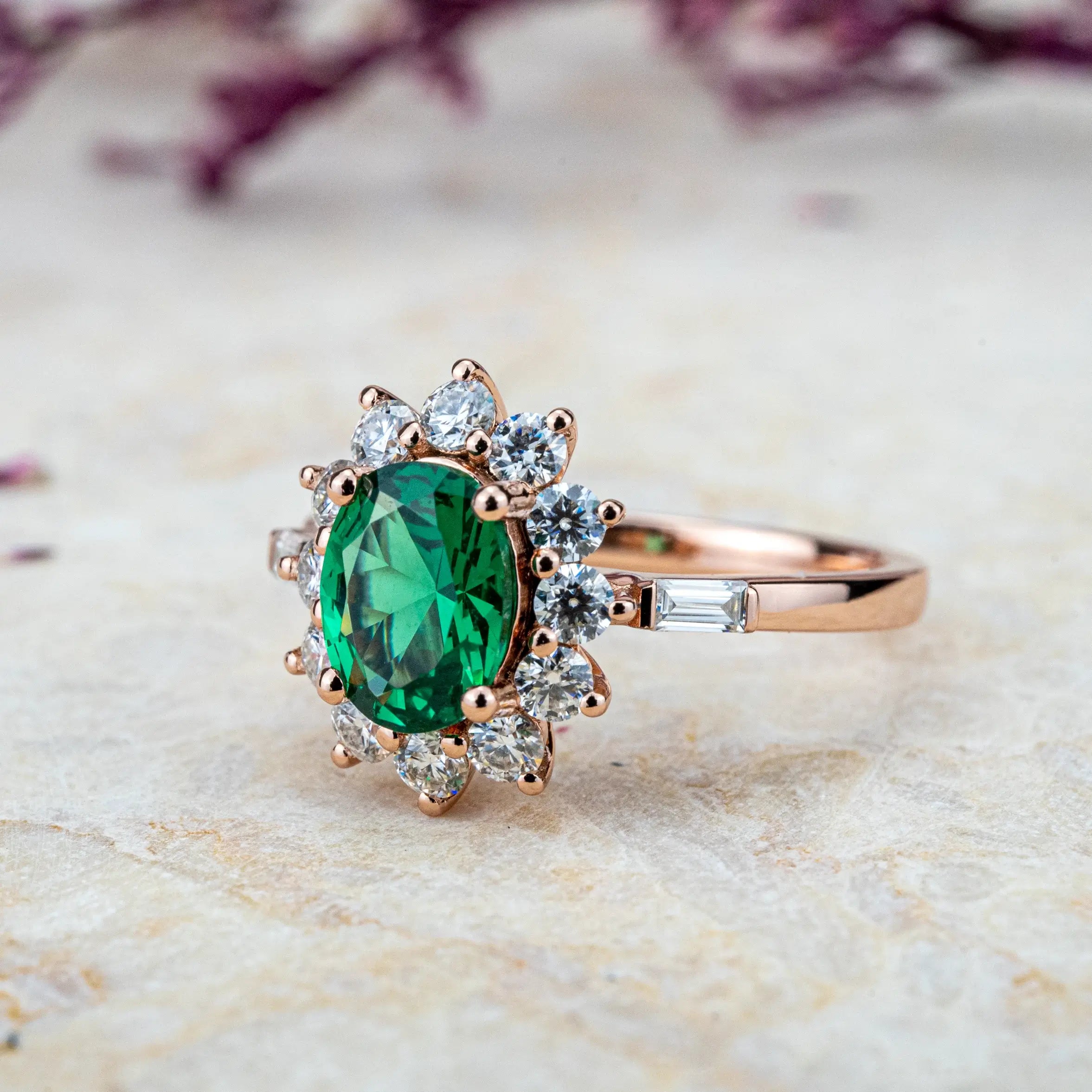 Emerald Sunburst Ring – Timeless Gold Halo Engagement Ring oval cut lab gemstone