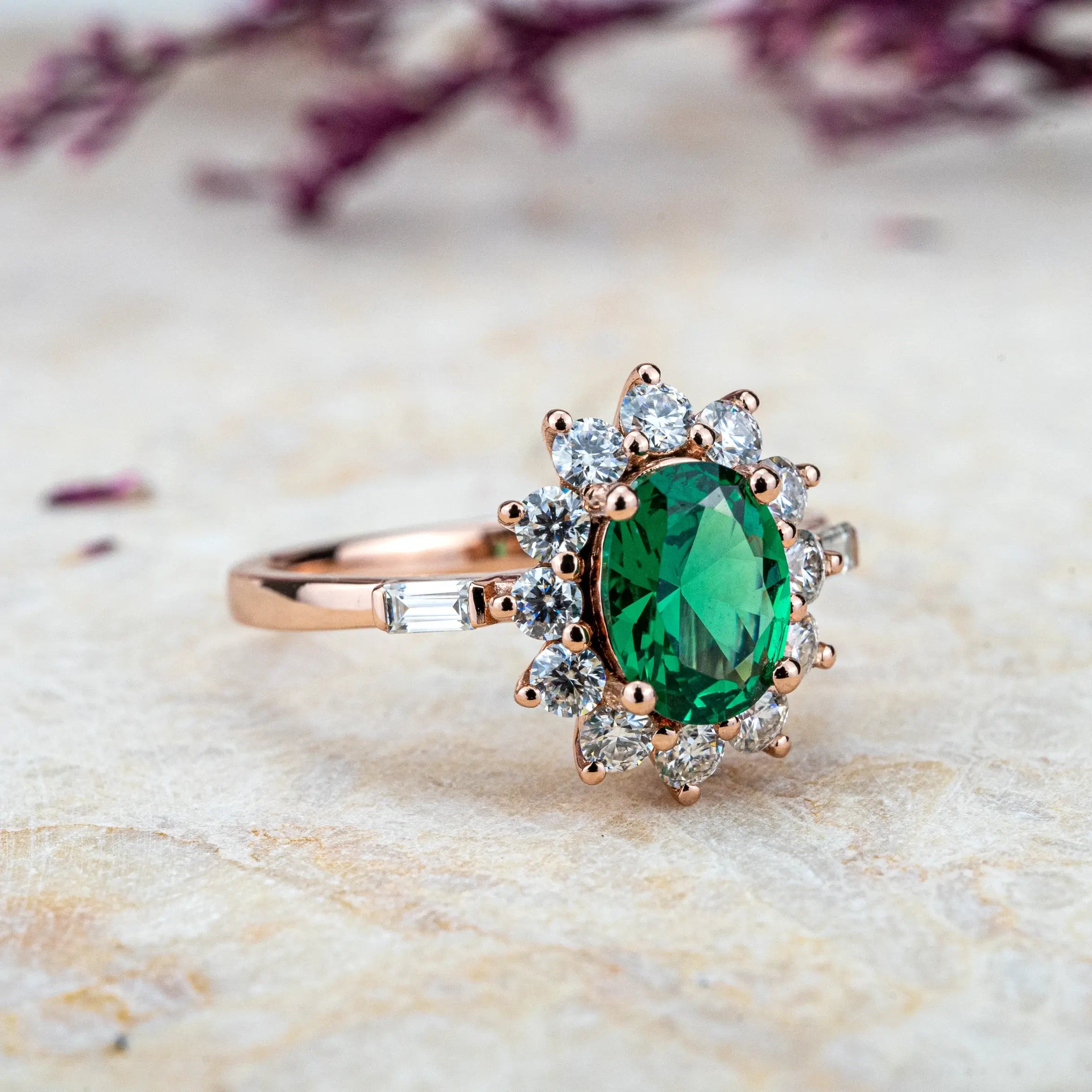 Emerald Sunburst Ring – Timeless Gold Halo Engagement Ring oval cut lab gemstone flora design