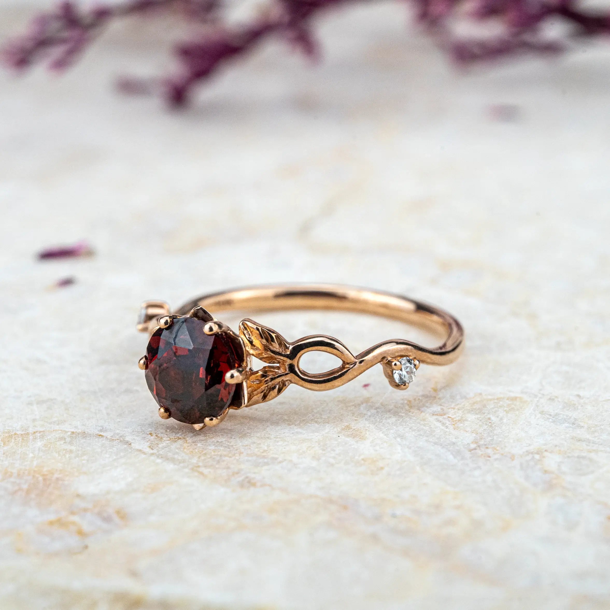 Custom Red Garnet Leaf Ring | Nature-Inspired Promise Engagement Rings