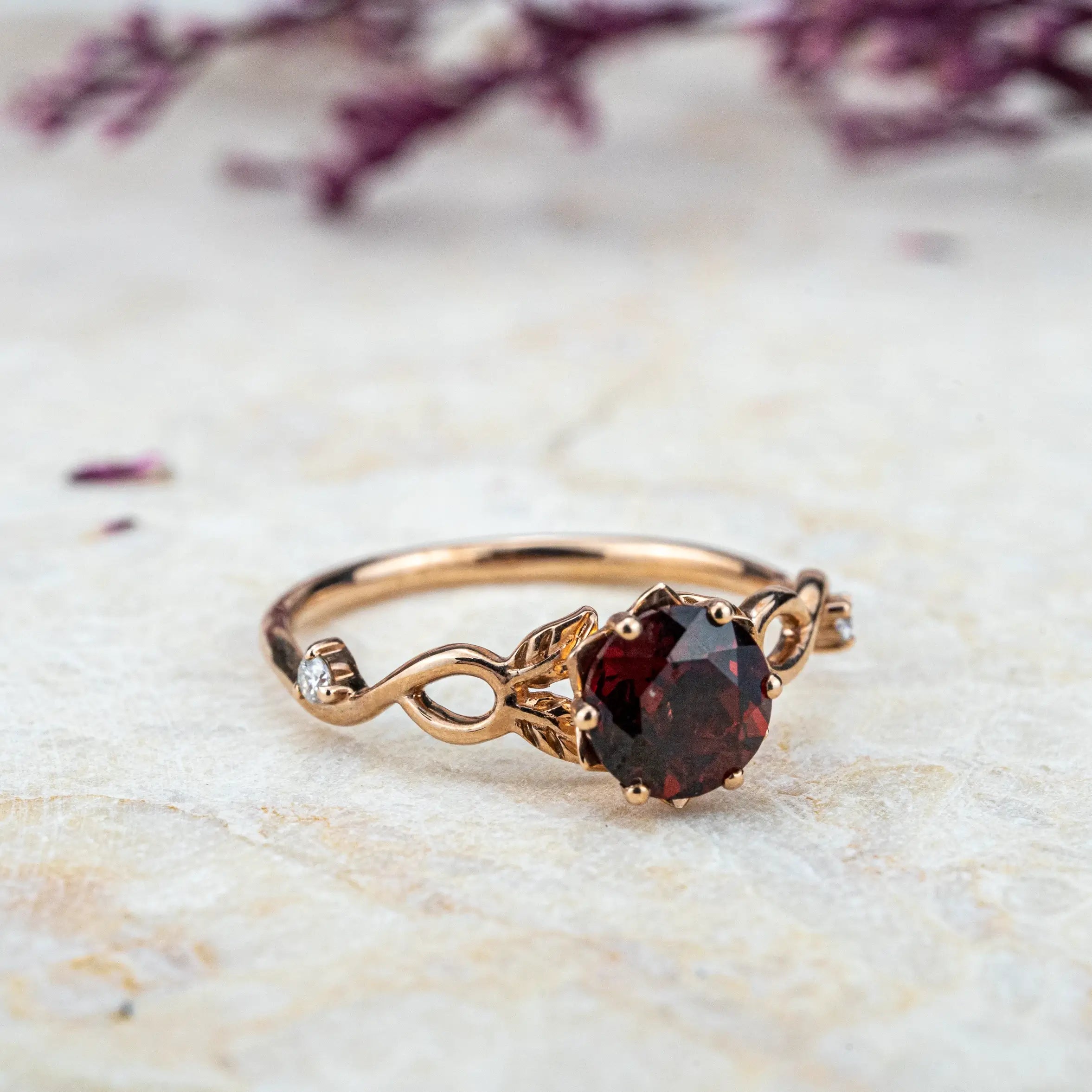 Custom Red Garnet Leaf Ring | Nature-Inspired Promise Engagement Rings
