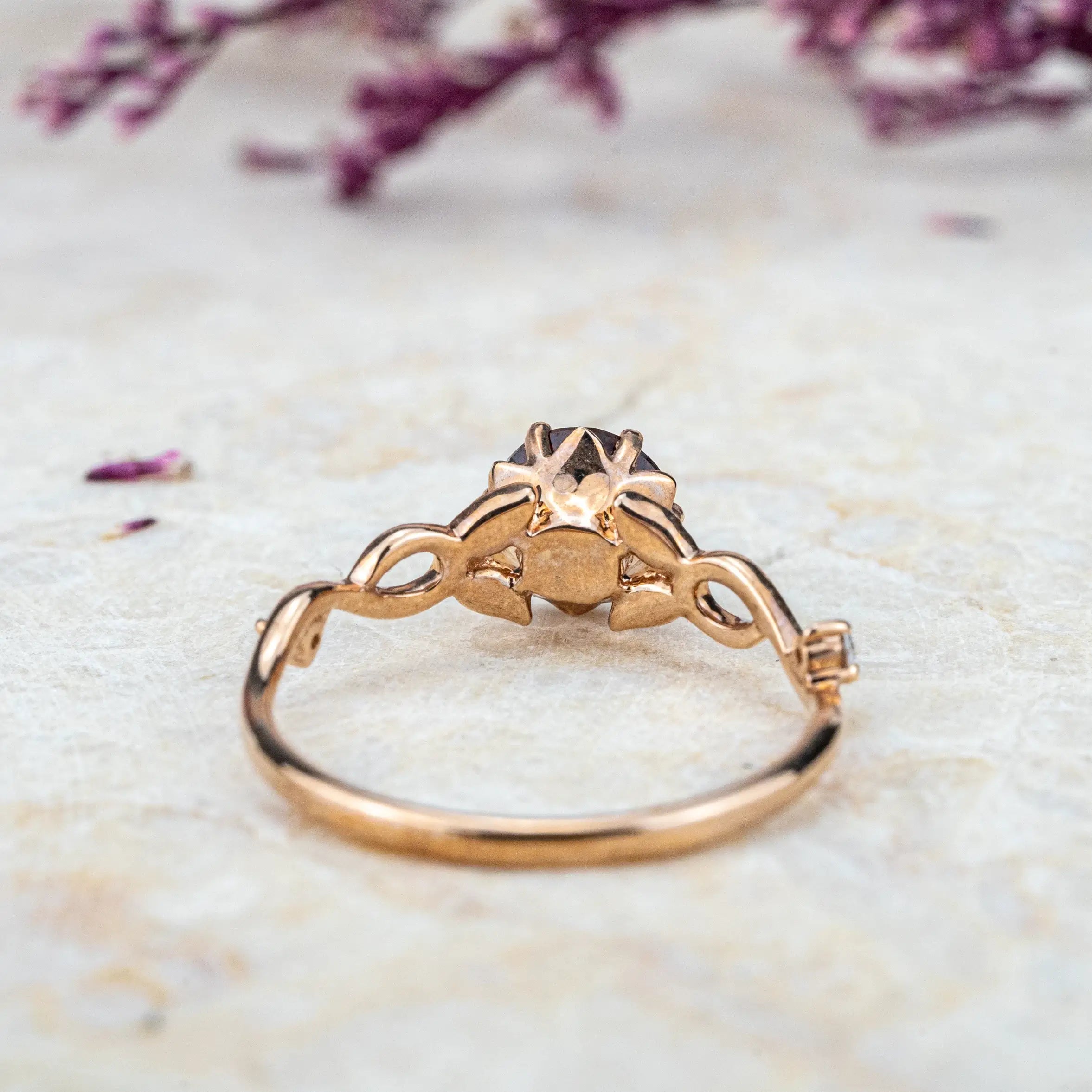 Custom Red Garnet Leaf Ring | Nature-Inspired Promise Engagement Rings