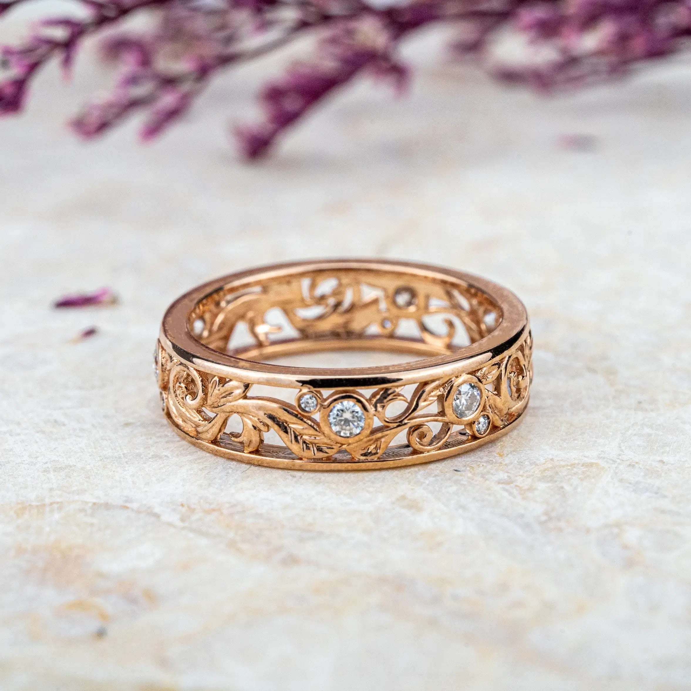Unique Nature Inspired Design Leaf Ring Diamond Wedding Band Handmade Custom Gold band ORLEONE JEWELRY