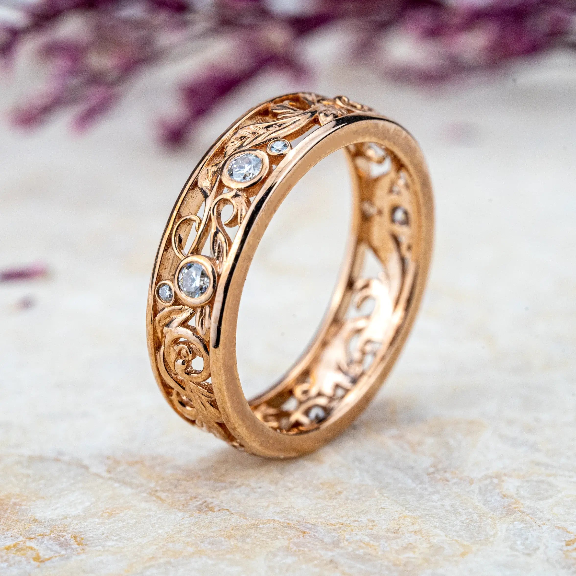 Unique Nature Inspired Design Leaf Ring Diamond Wedding Band Handmade Custom Gold band ORLEONE JEWELRY