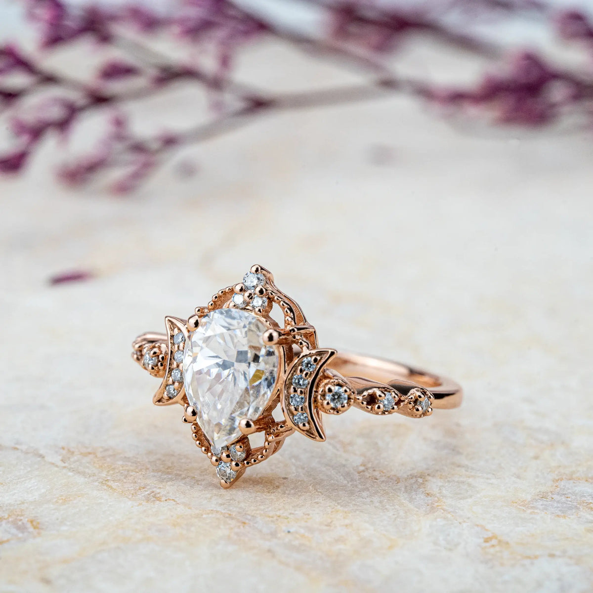 Vintage Unique Moissanite Engagement Rings - Crescent Moon Wedding Ring Custom art rings for women anniversary gift
