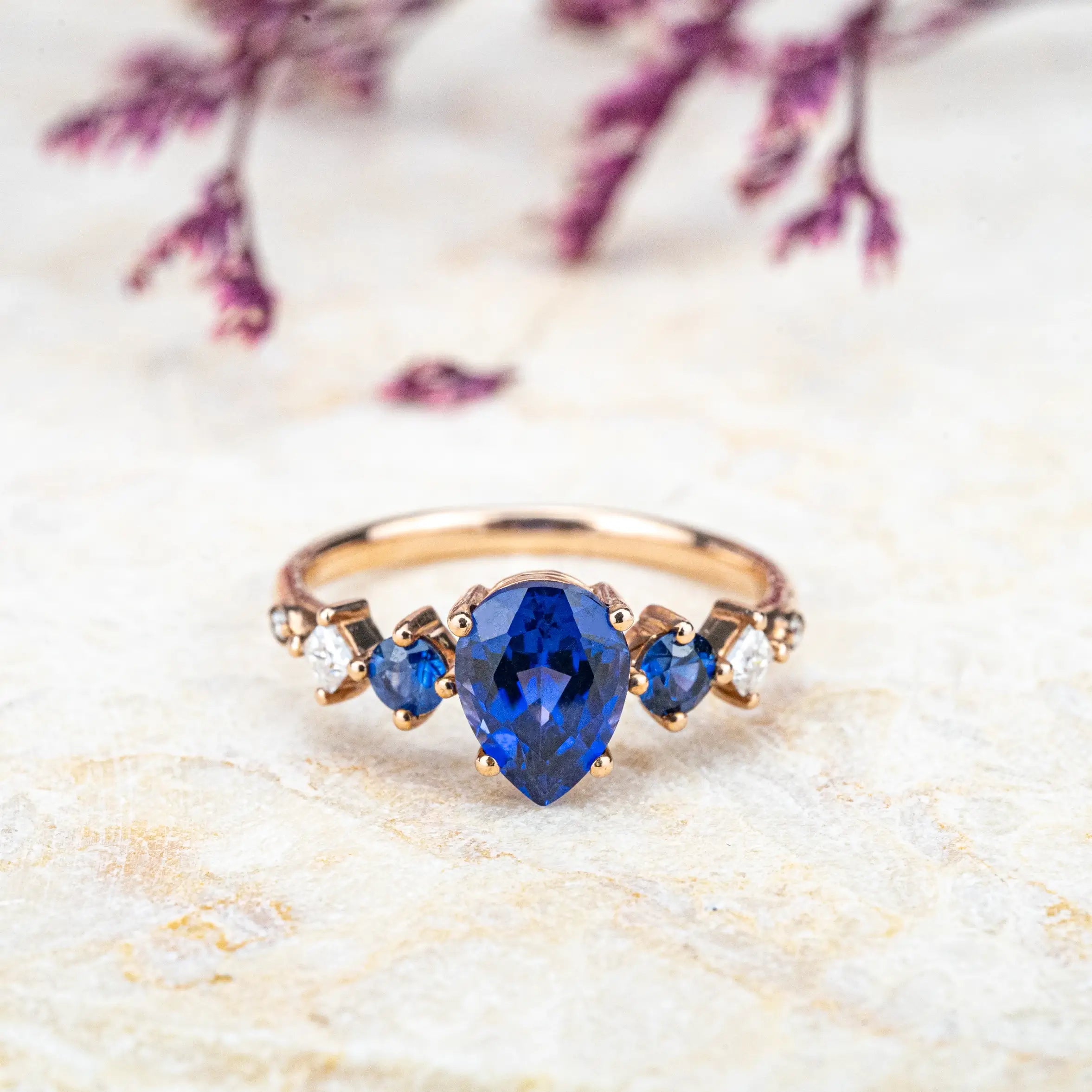 Pear Cut Sapphire Engagement Ring Noble Modern Rings Seven Stone Ring for women anniversary gift