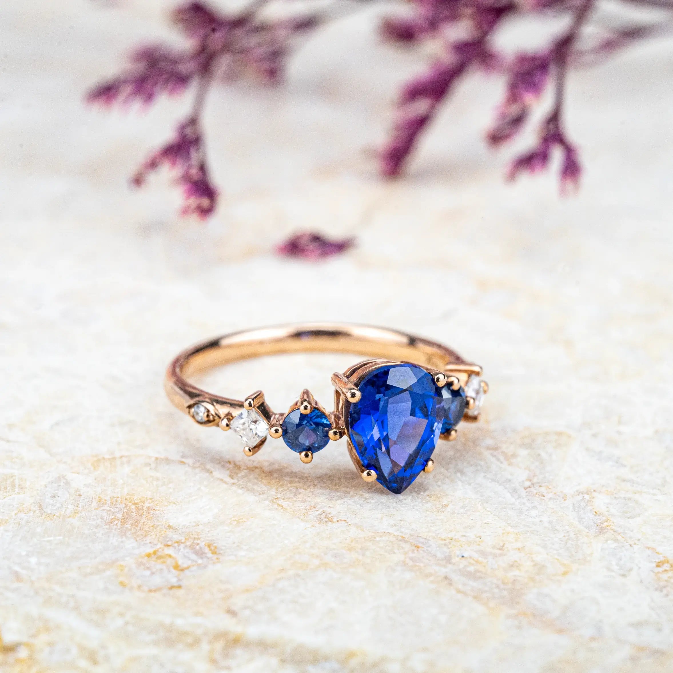 Pear Cut Sapphire Engagement Ring Noble Modern Rings Seven Stone Ring for women anniversary gift