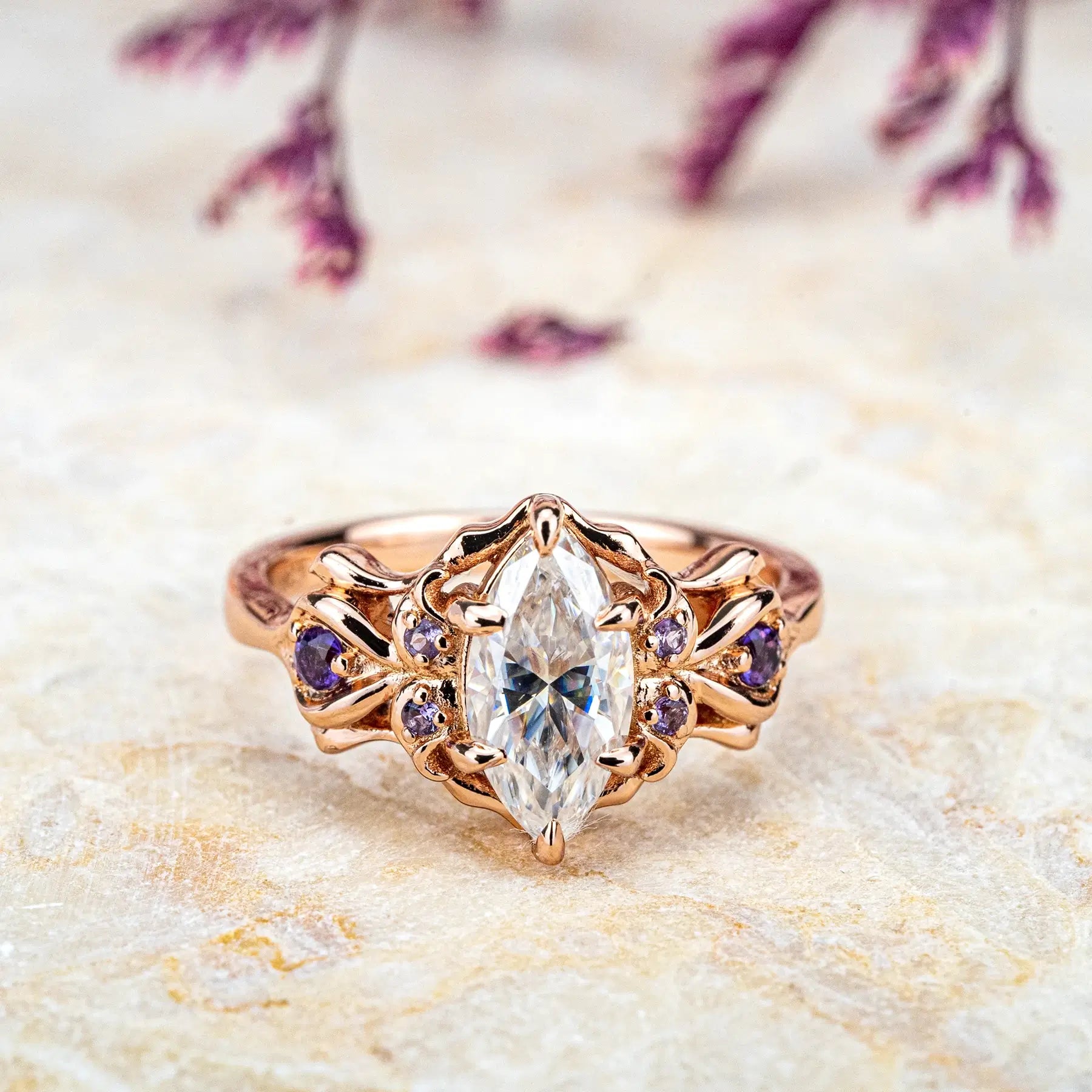 Spider-Inspired Moissanite Ring with Amethyst Accents – Unique Artistic Design for ladie love gift