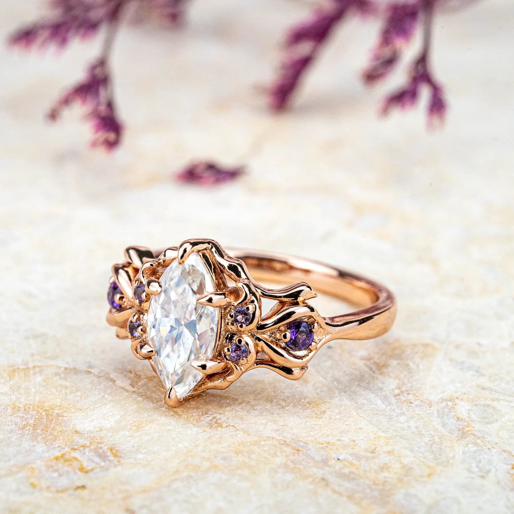 Spider-Inspired Moissanite Ring with Amethyst Accents – Unique Artistic Design for ladie love gift