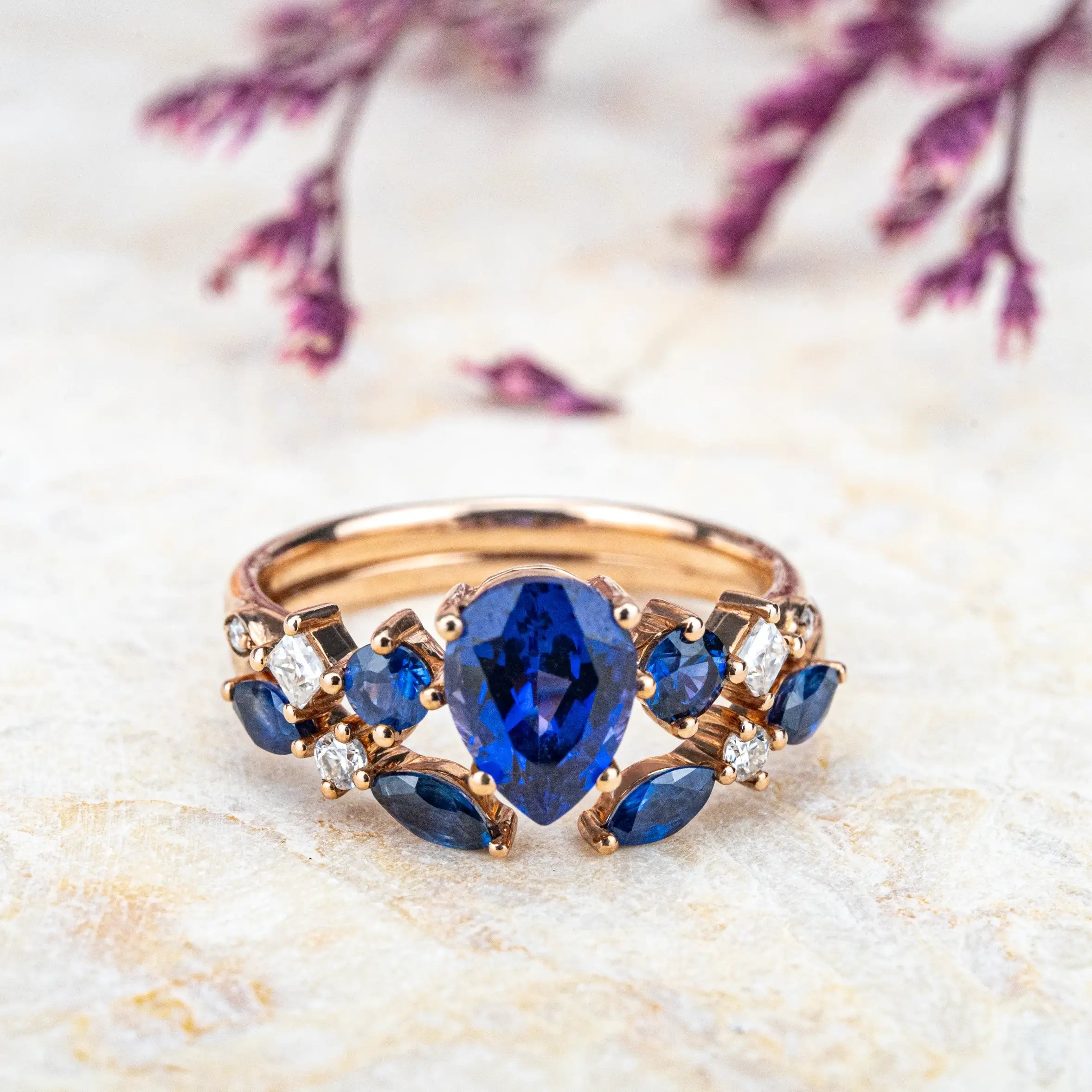 Sapphire Seven-Stone Ring Set – Pear Cut Sapphire Noble and Luxurious Rrt Ring CUSTOM Bridal Sets For ladies