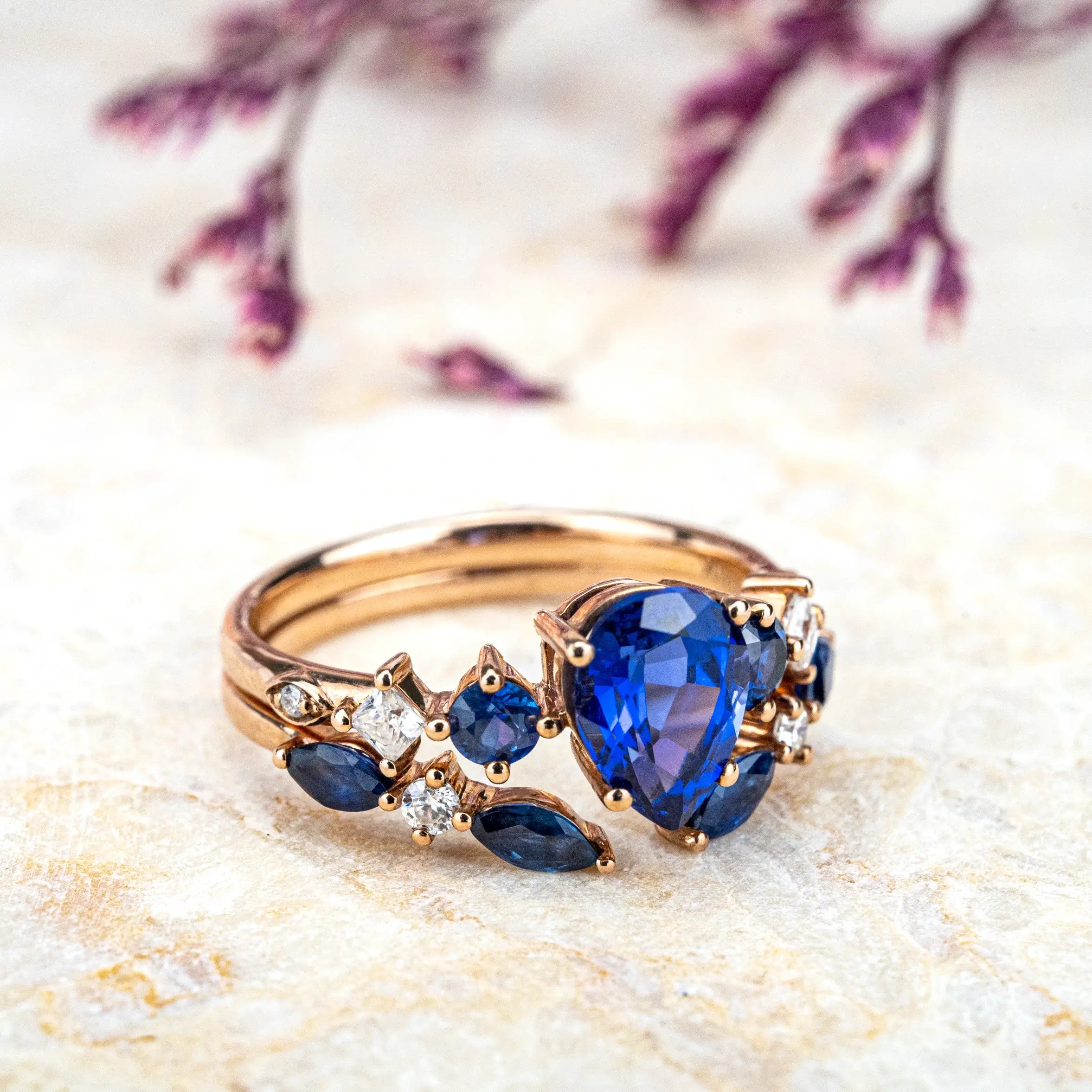 Sapphire Seven-Stone Ring Set – Pear Cut Sapphire Noble and Luxurious Rrt Ring CUSTOM Bridal Sets For ladies