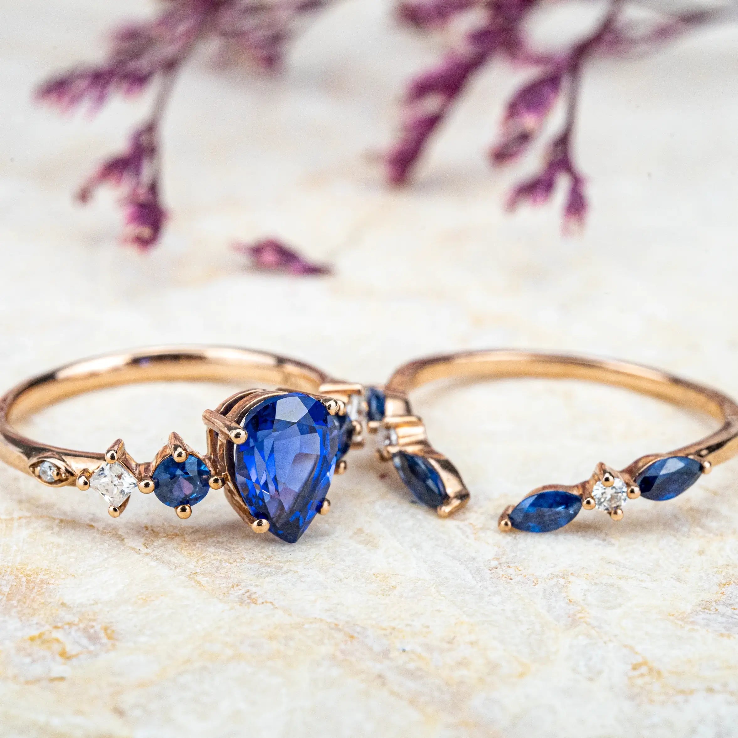 Sapphire Seven-Stone Ring Set – Pear Cut Sapphire Noble and Luxurious Rrt Ring CUSTOM Bridal Sets For ladies