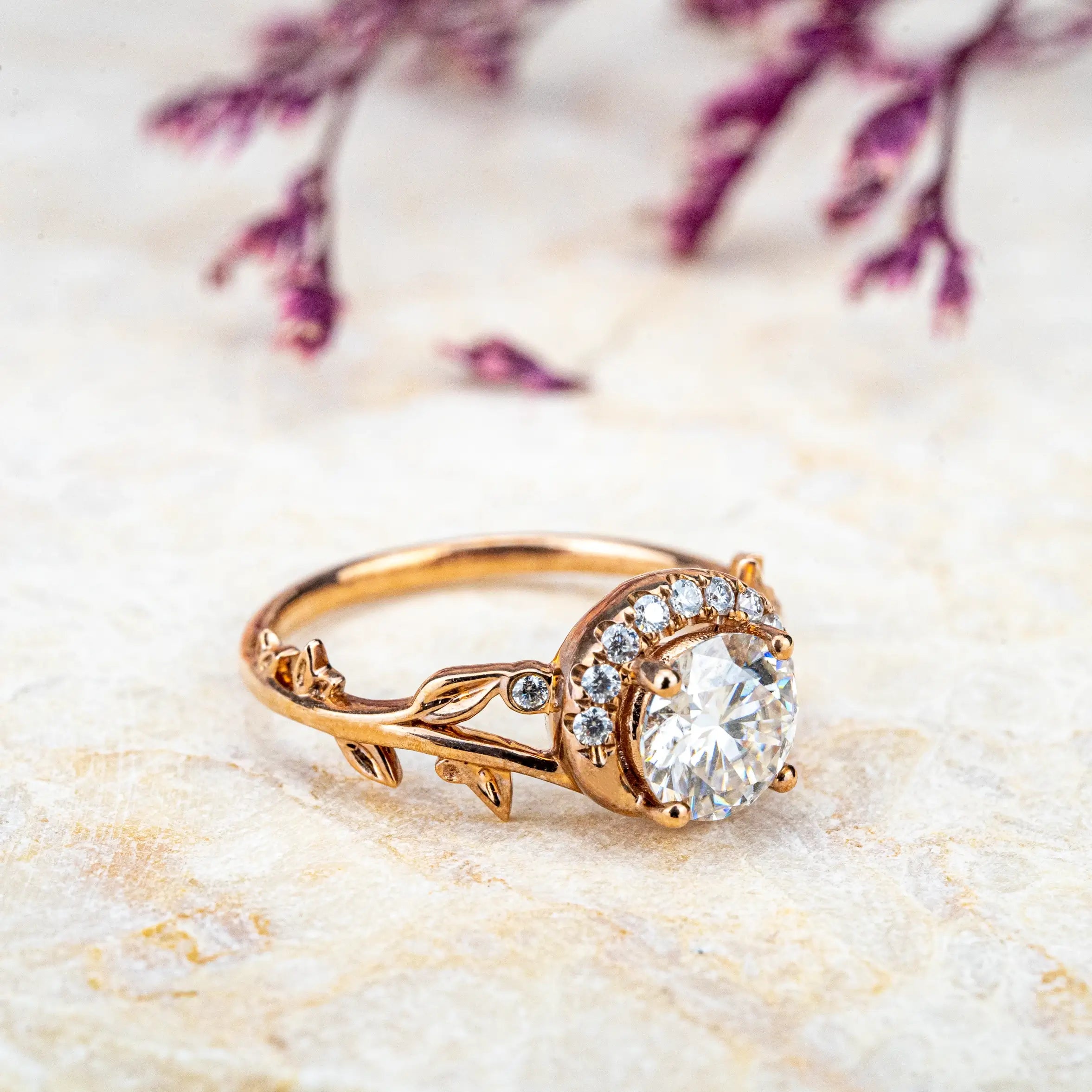 custom jewelry Moissanite Ring Halo Leaf Engagement Rings Nature-Inspired | Orleone