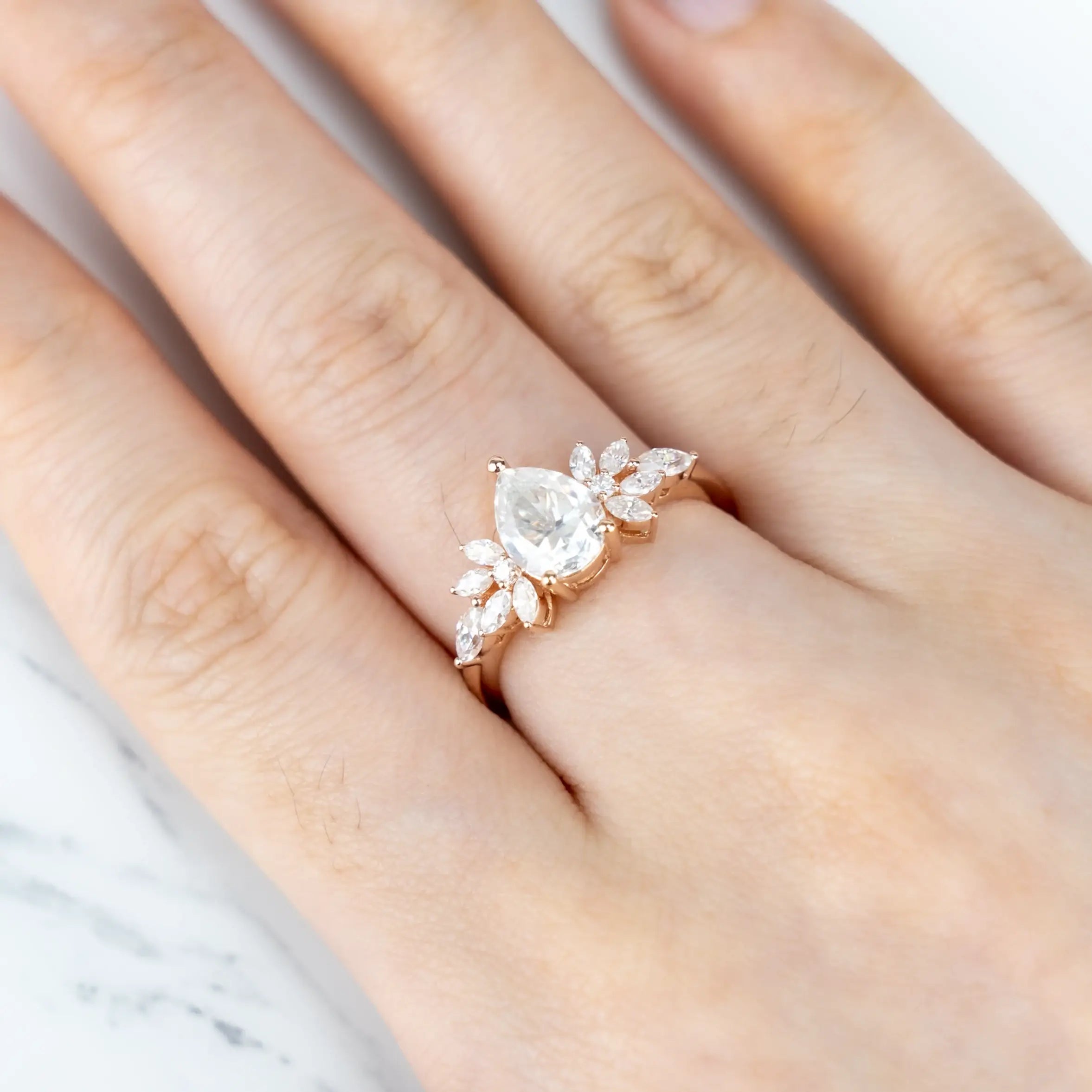 Pear Moissanite Engagement Rings – Delicate Petal Ring Custom unique art flora ring for women