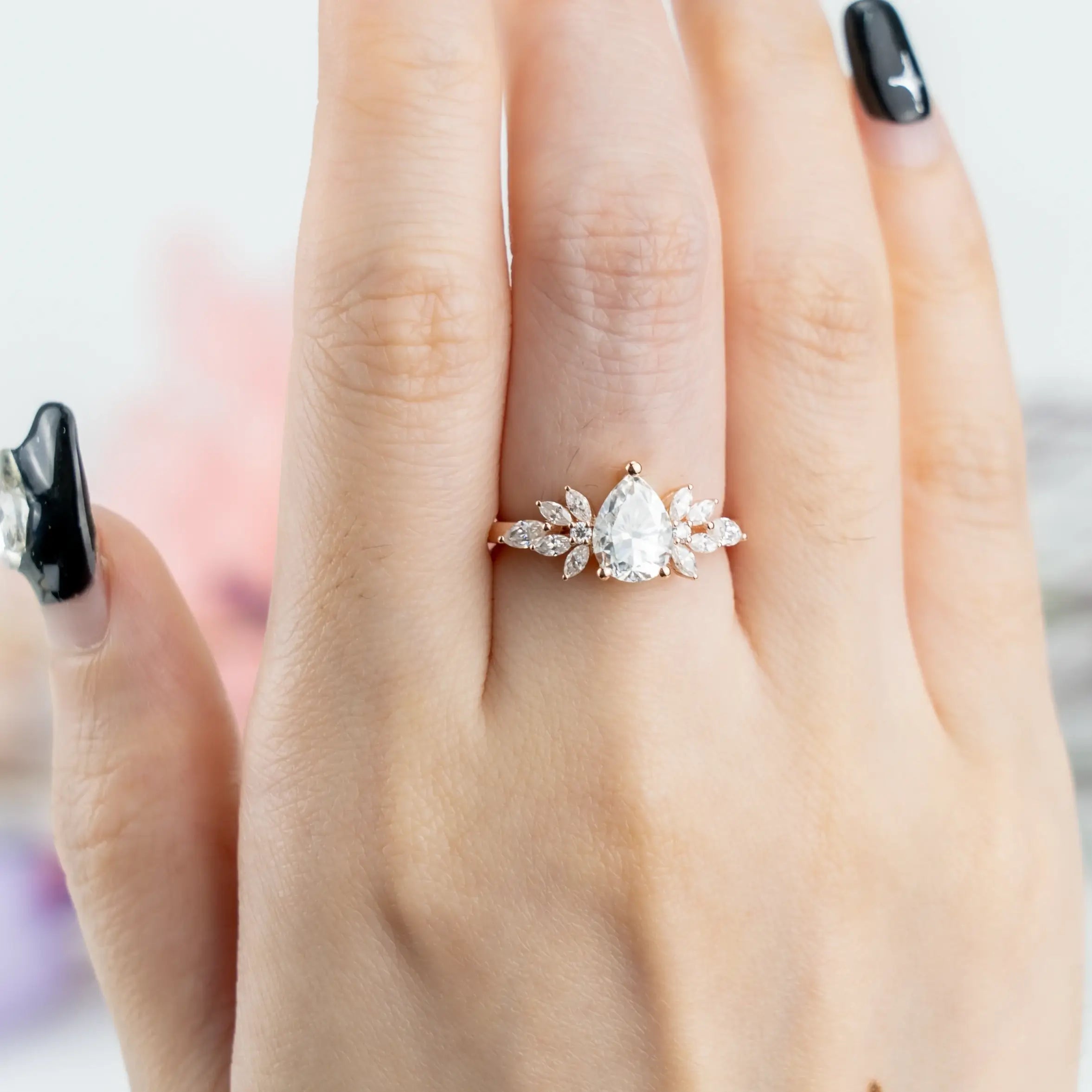 Pear Moissanite Engagement Rings – Delicate Petal Ring Custom unique art flora ring for women