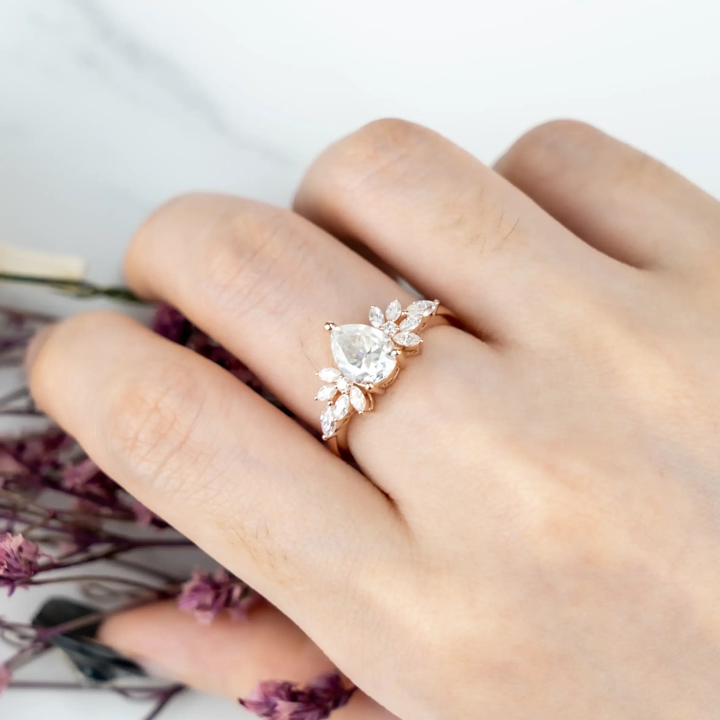 Pear Moissanite Engagement Rings – Delicate Petal Ring Custom unique art flora ring for women