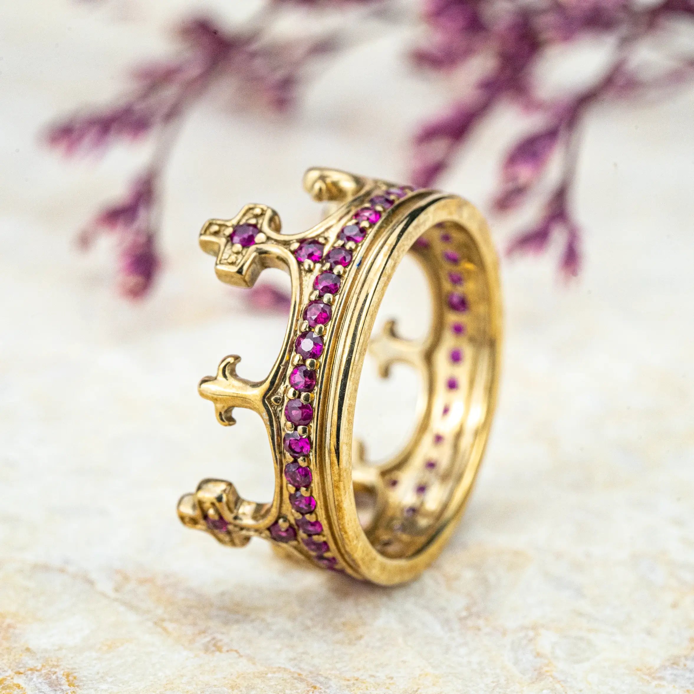 Vintage Crown Ruby Eternity Wedding Band – 14K Gold Unique Cross Ring Gothic bands