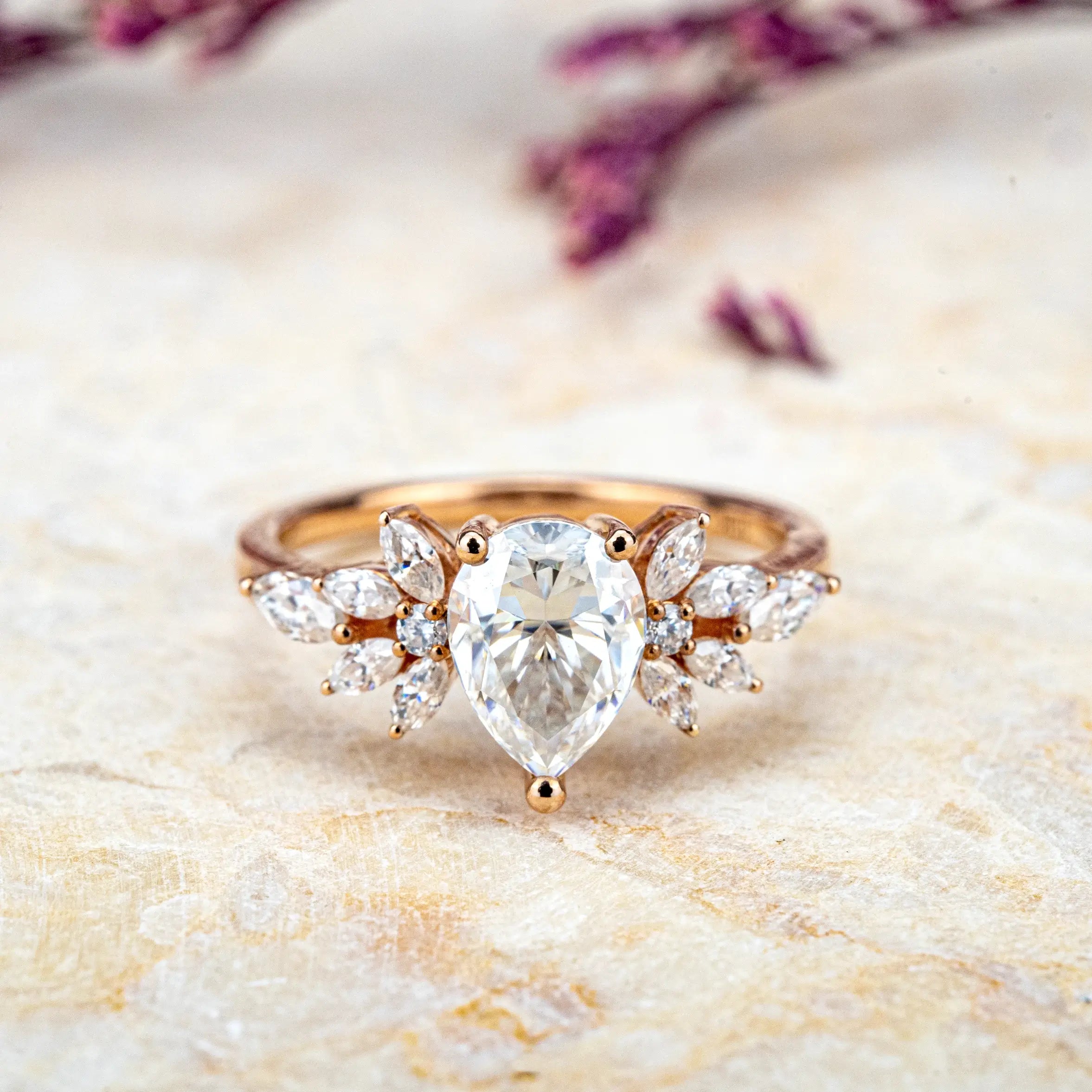 Pear Moissanite Engagement Rings – Delicate Petal Ring Custom unique art flora ring for women