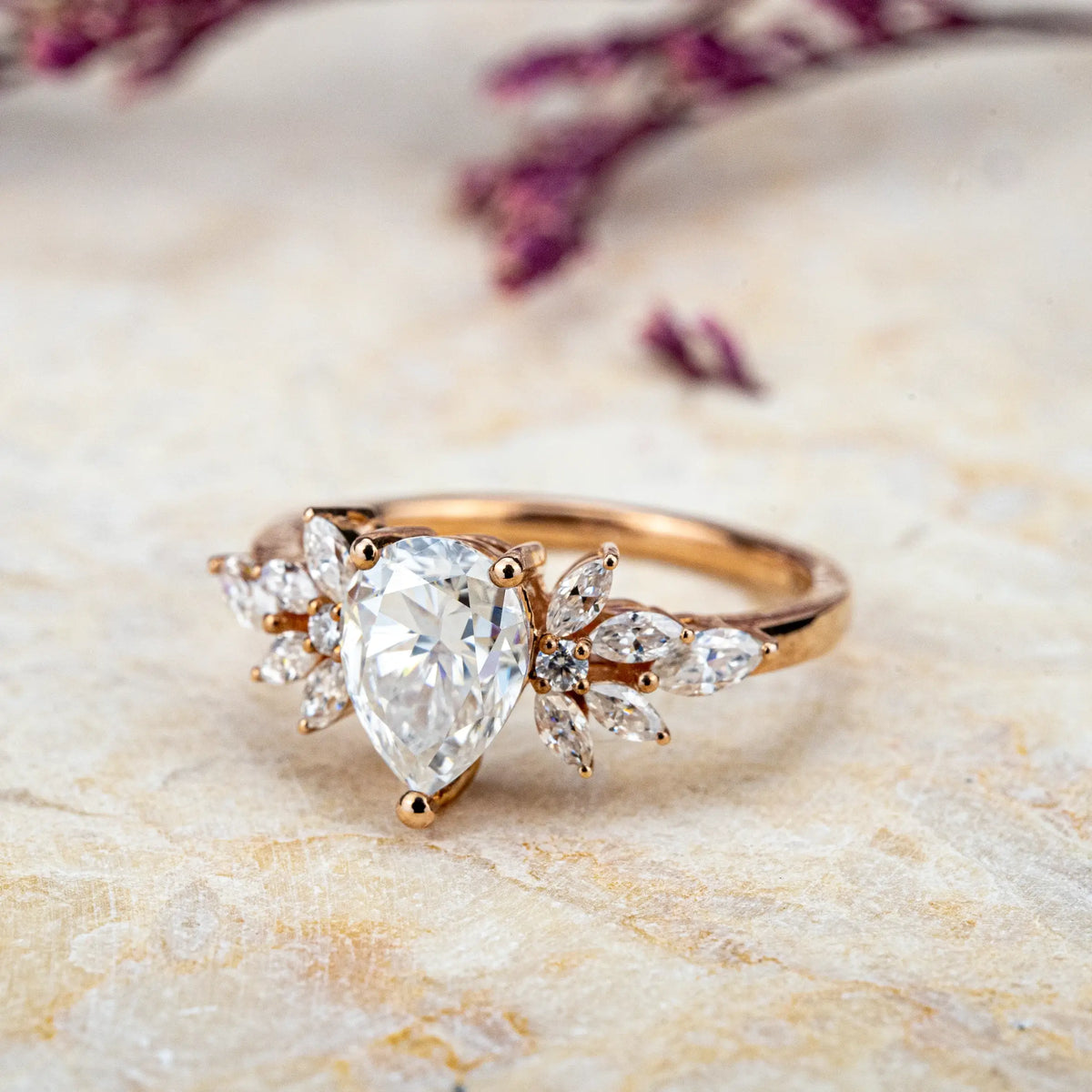 Pear Moissanite Engagement Rings – Delicate Petal Ring Custom unique art flora ring for women