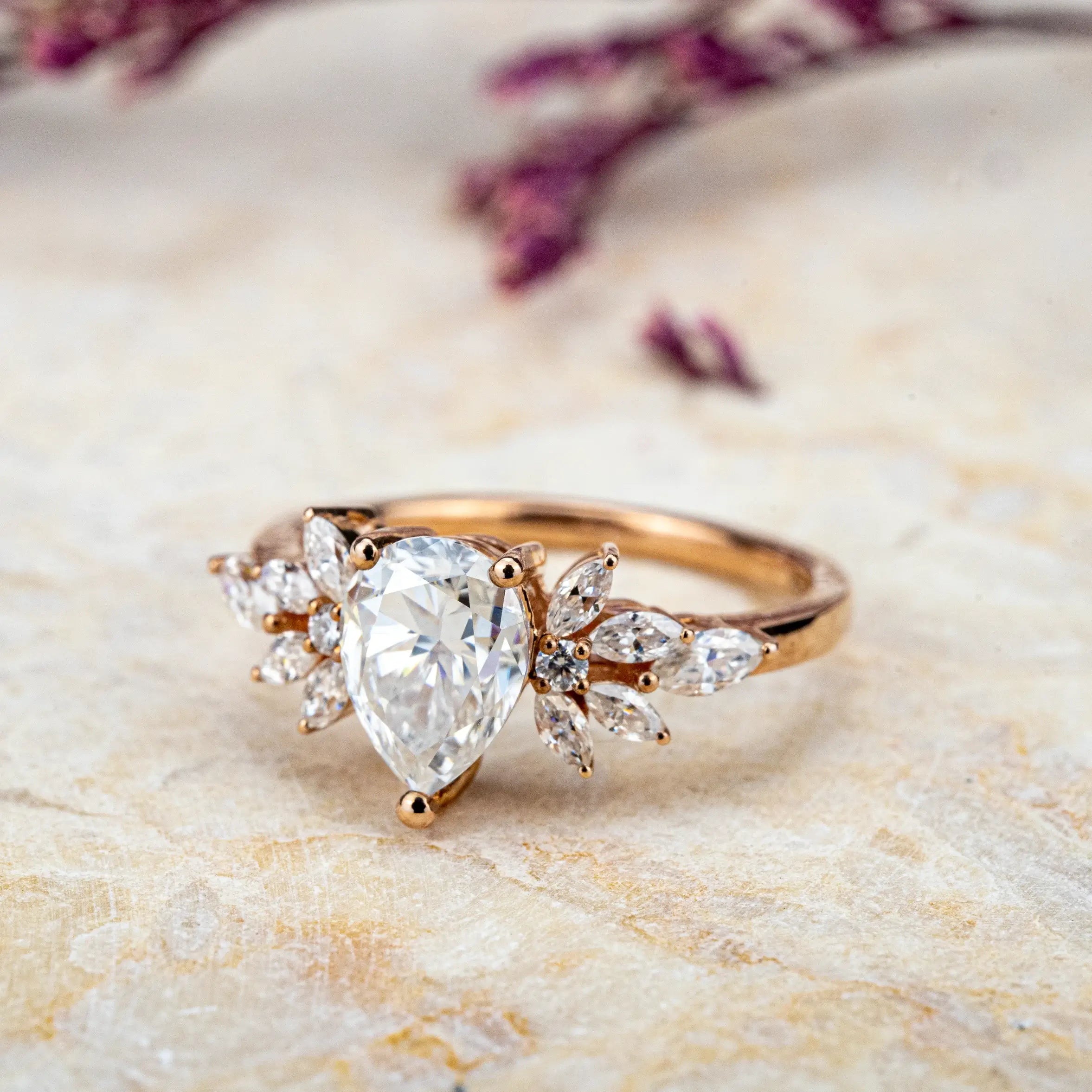 Pear Moissanite Engagement Rings – Delicate Petal Ring Custom unique art flora ring for women