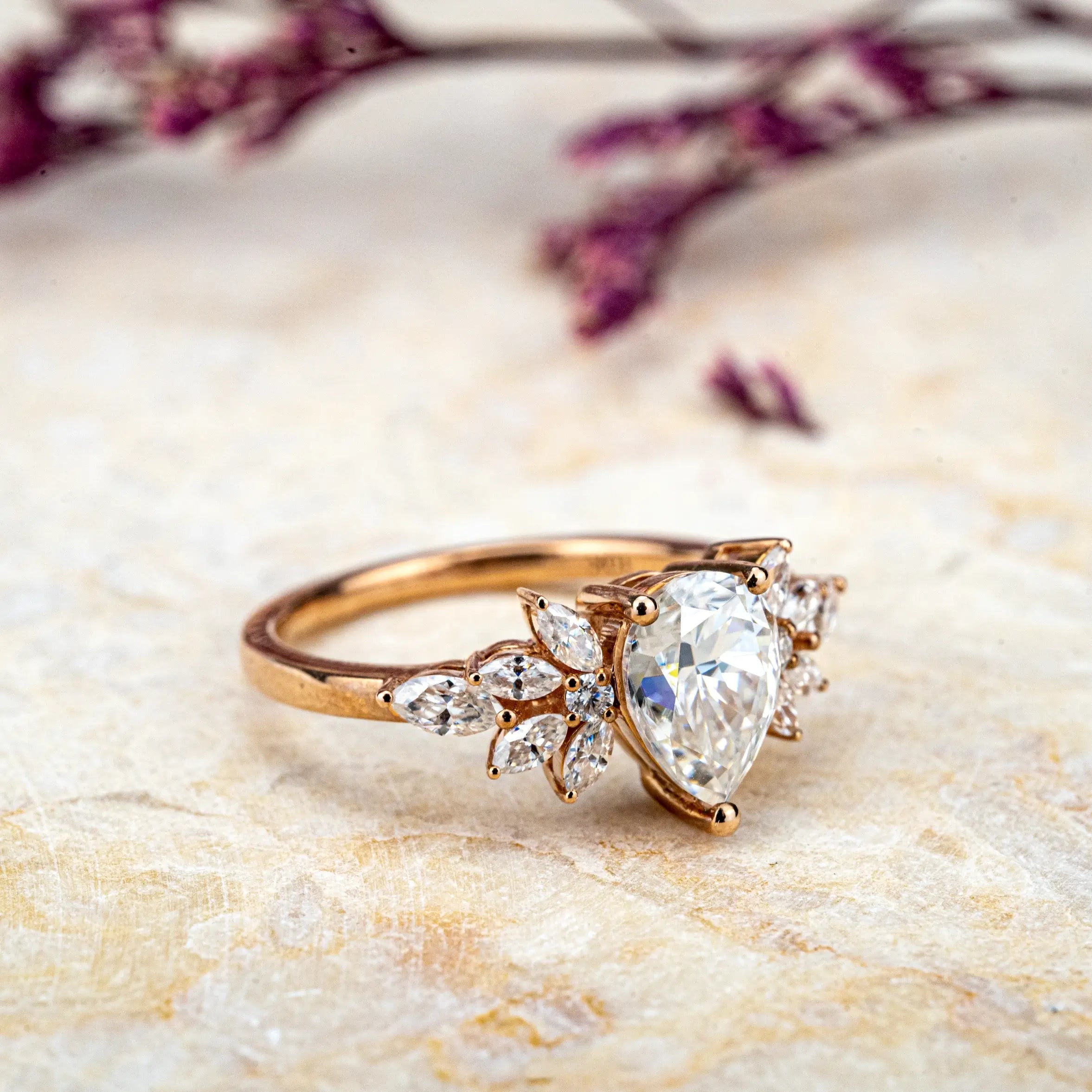 Pear Moissanite Engagement Rings – Delicate Petal Ring Custom unique art flora ring for women