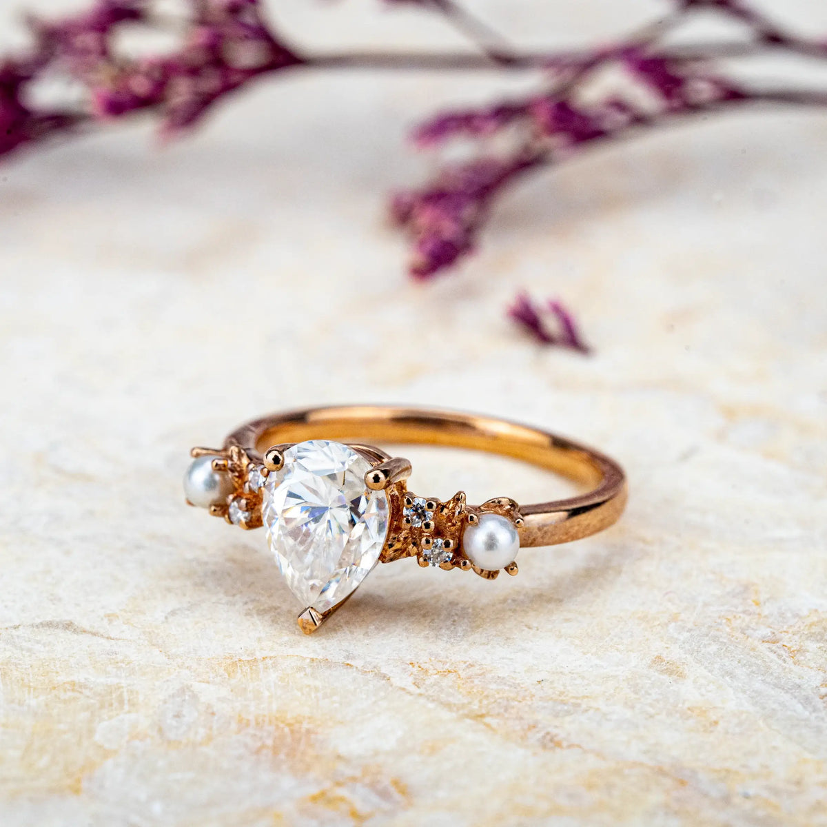 Custom Nature-Inspired Moissanite Engagement Ring with Pearl Accents Unique anniversary ring for ladies