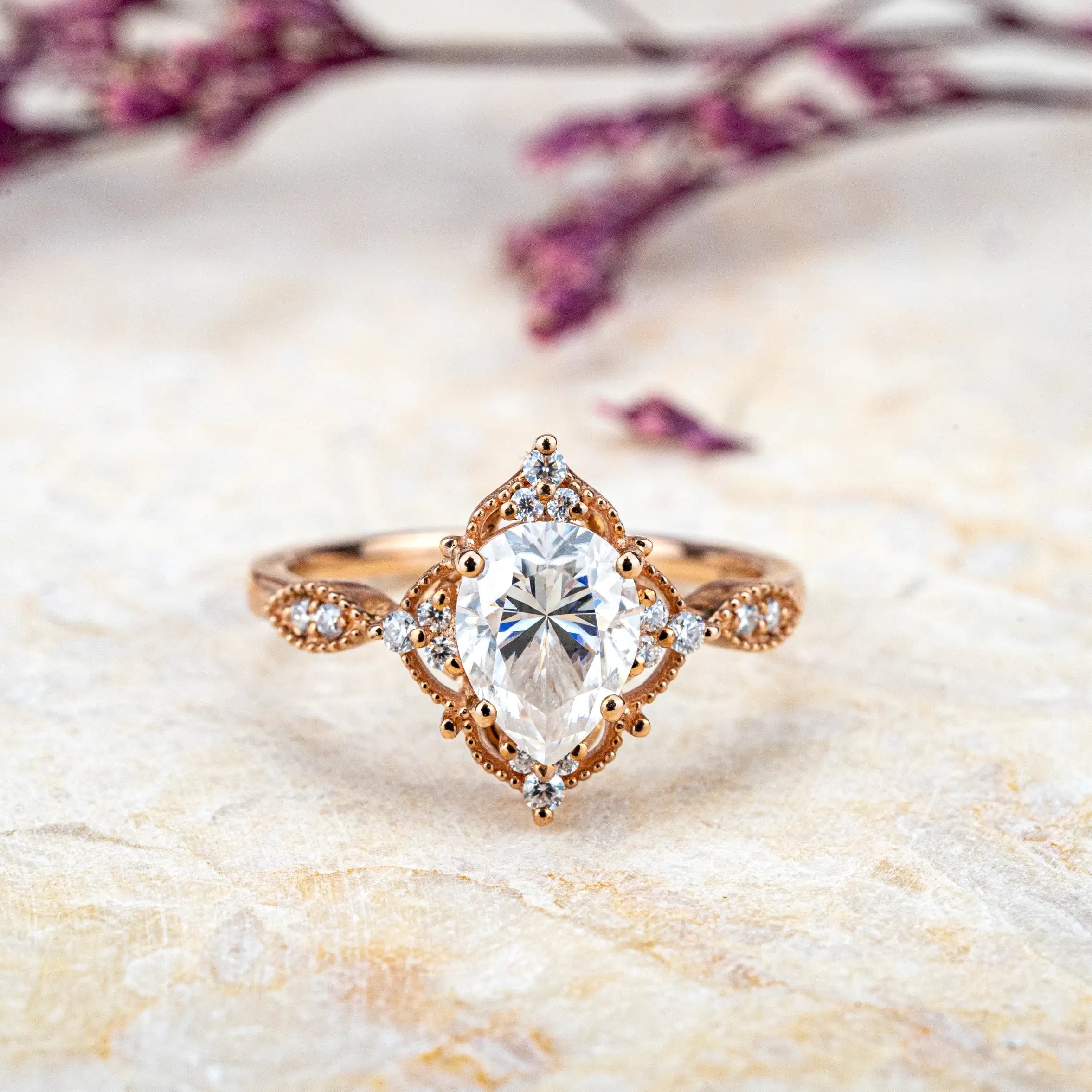 Vintage Pear-Cut Moissanite Ring – Custom Engagement Rings for women anniversary gift