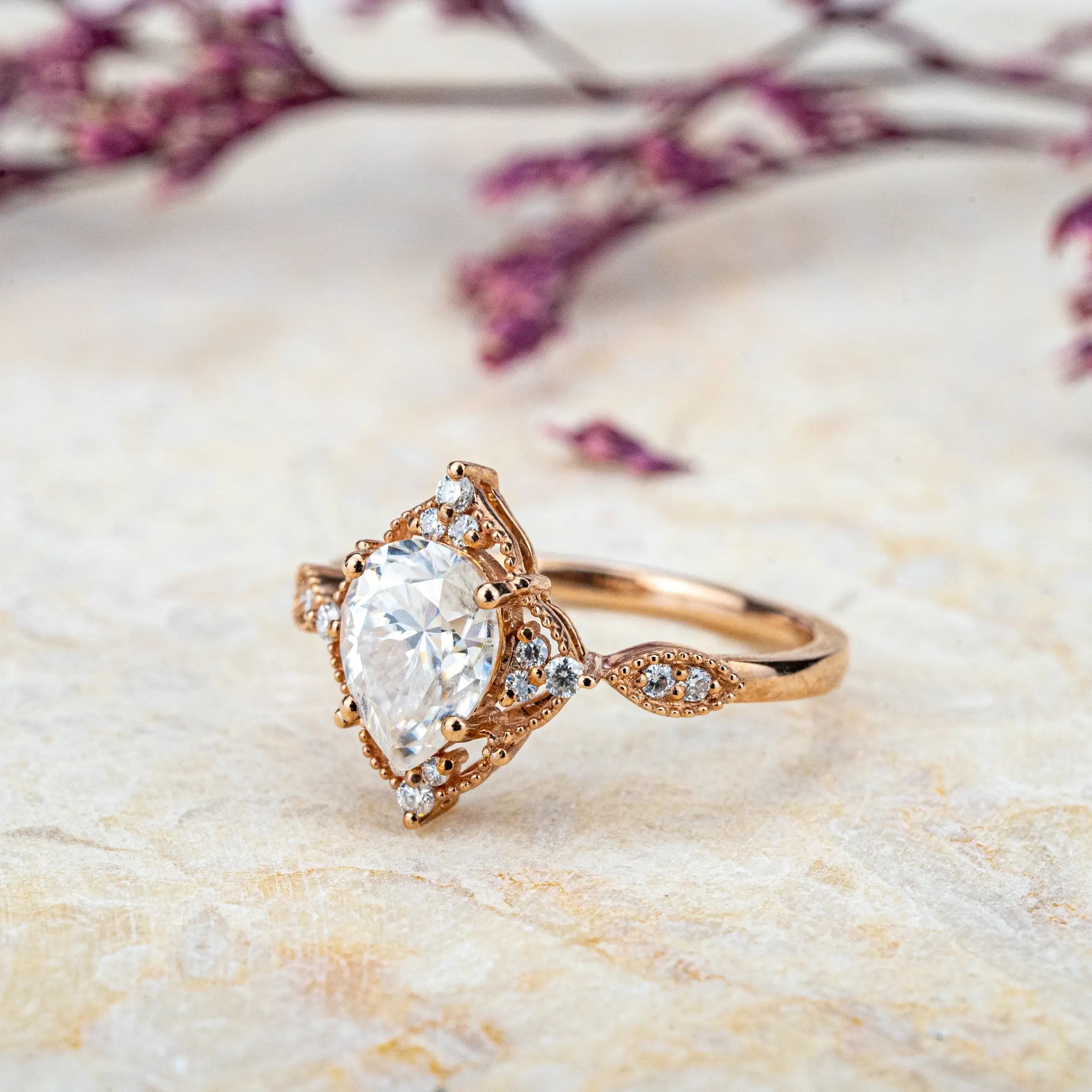 Vintage Pear-Cut Moissanite Ring – Custom Engagement Rings for women anniversary gift Cluster Rings