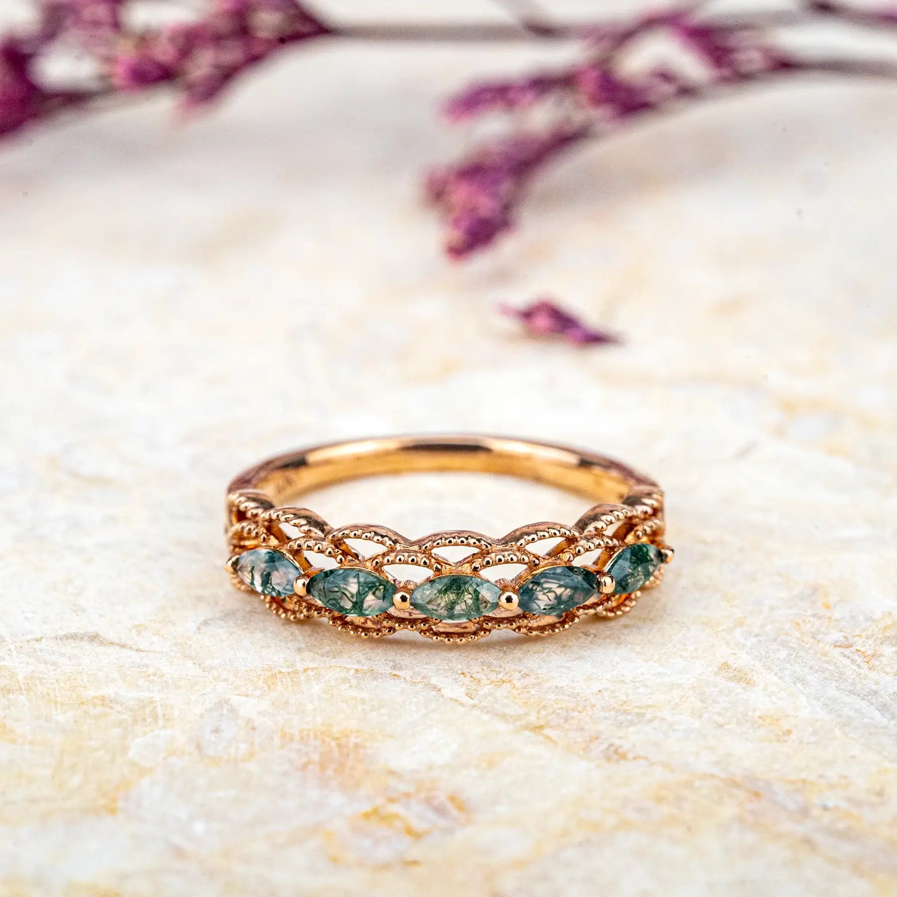 Rose Gold Marquise Moss Agate Wedding Band - Unique Hollow Vintage Design for women gift
