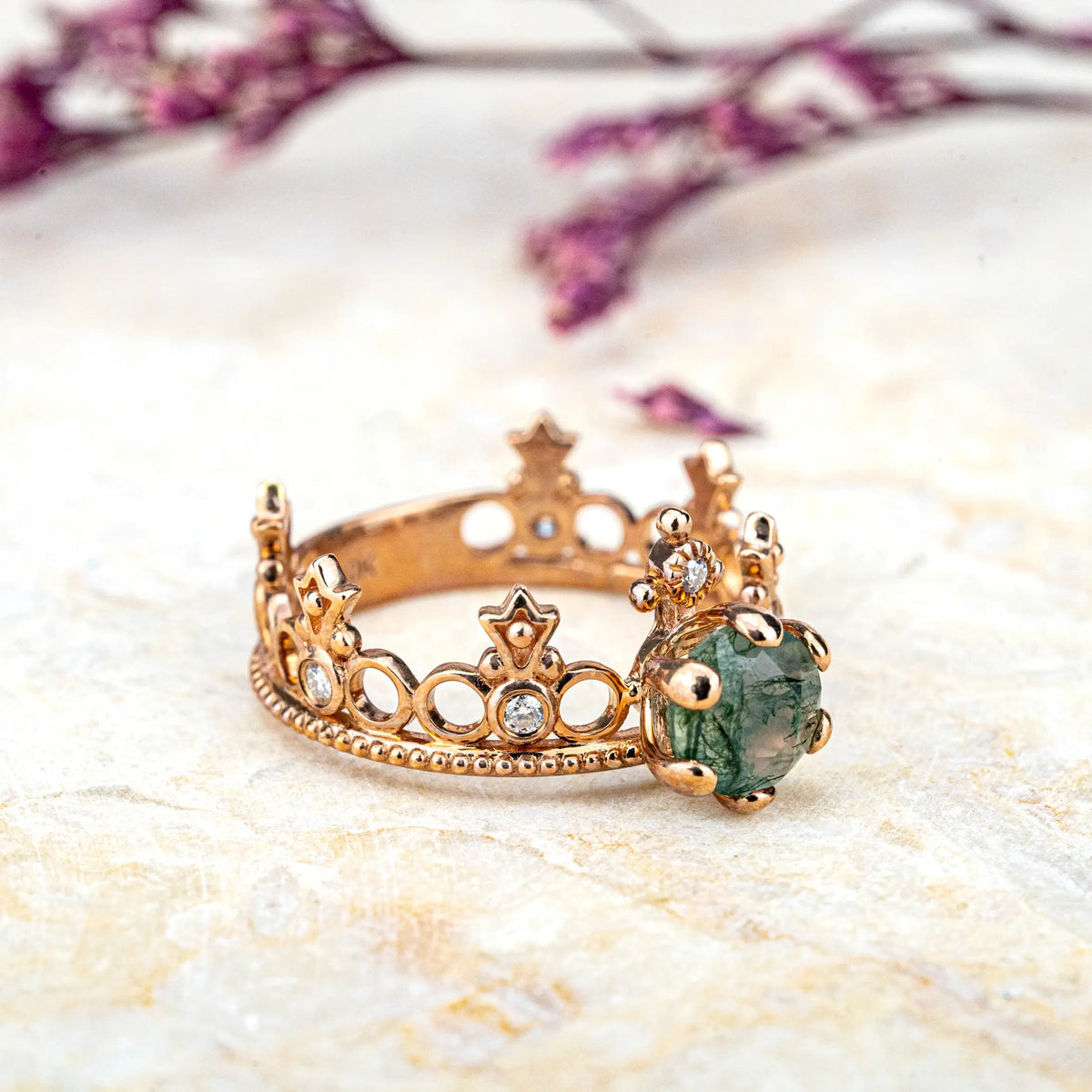 Moss Agate Crown Ring – Vintage Promise Gift for Women Custom engagement rings