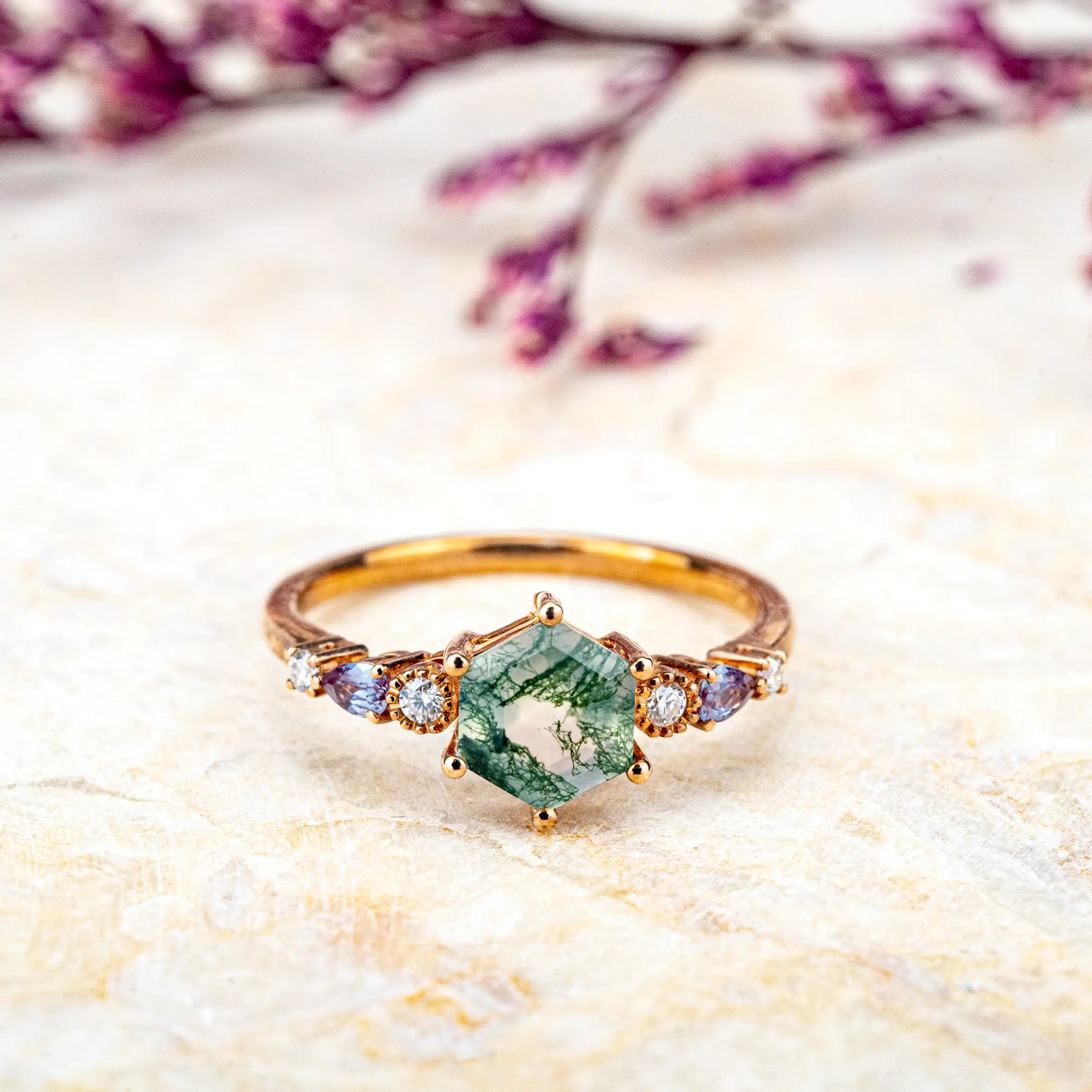 Hexagonal Moss Agate Engagement Rings,Seven Stone Gold Promise Ring for women gift