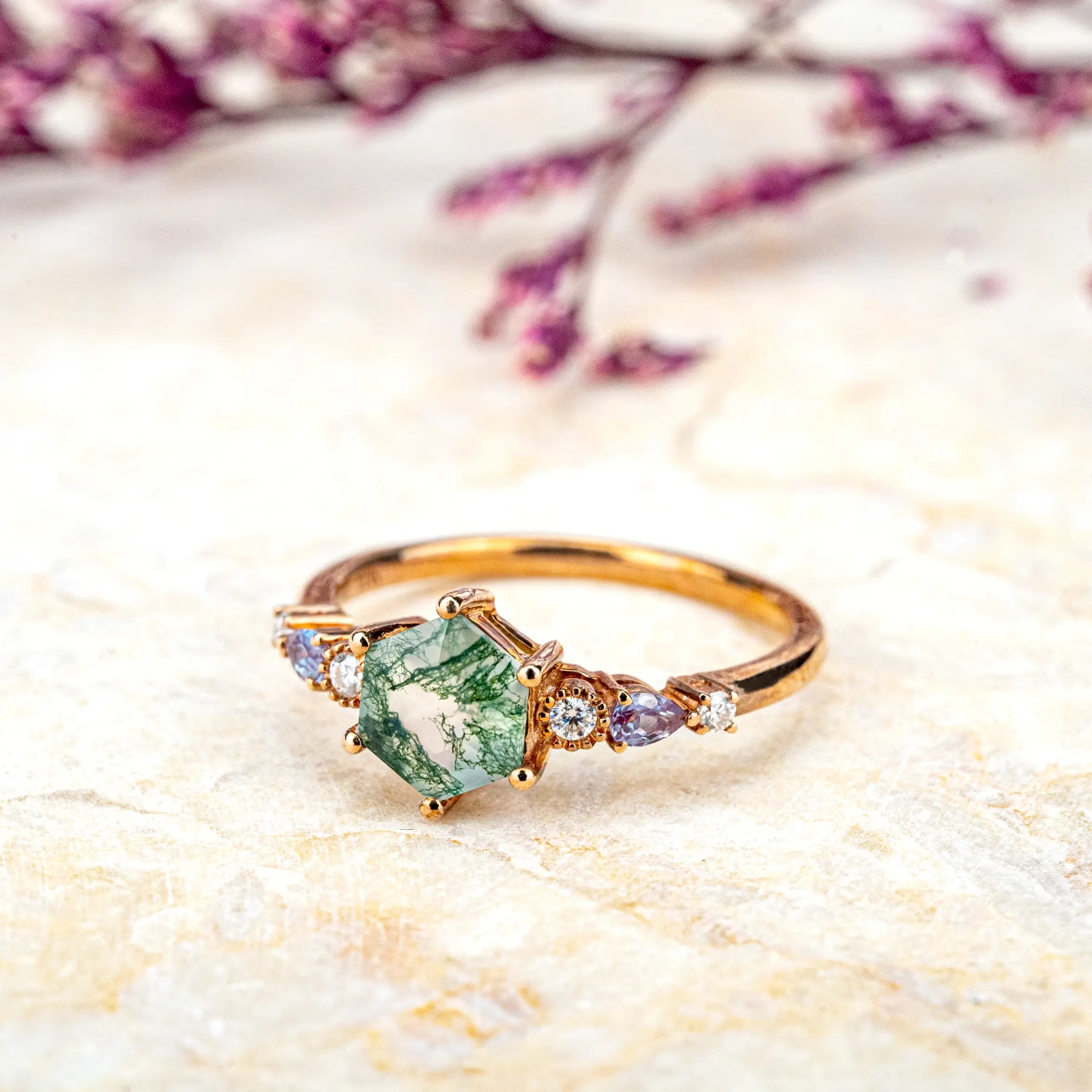 Hexagonal Moss Agate Engagement Rings,Seven Stone Gold Promise Ring for women gift handmade custom