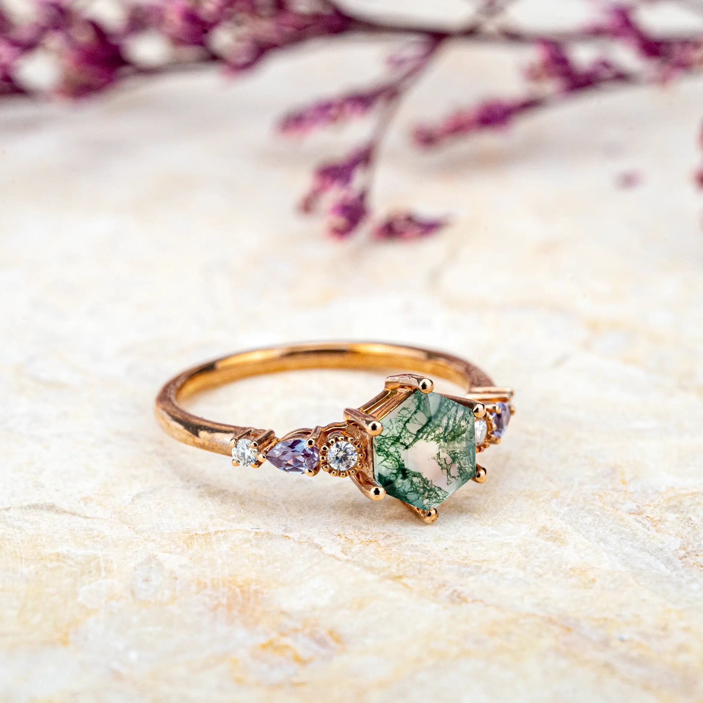 Hexagonal Moss Agate Engagement Rings,Seven Stone Gold Promise Ring for women gift