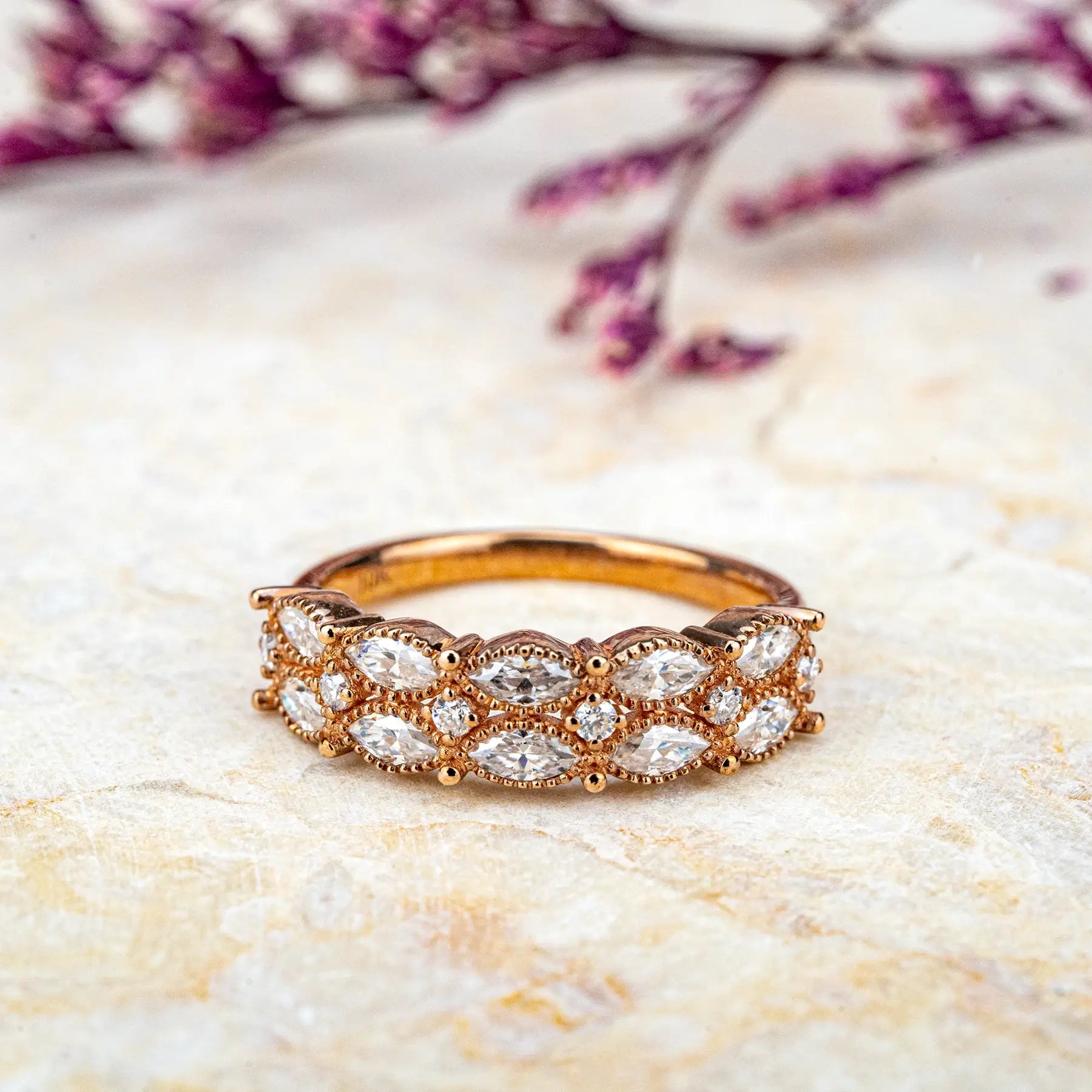 Rose Gold Marquise Moissanite Ring – Vintage Promise Band in 18K Gold