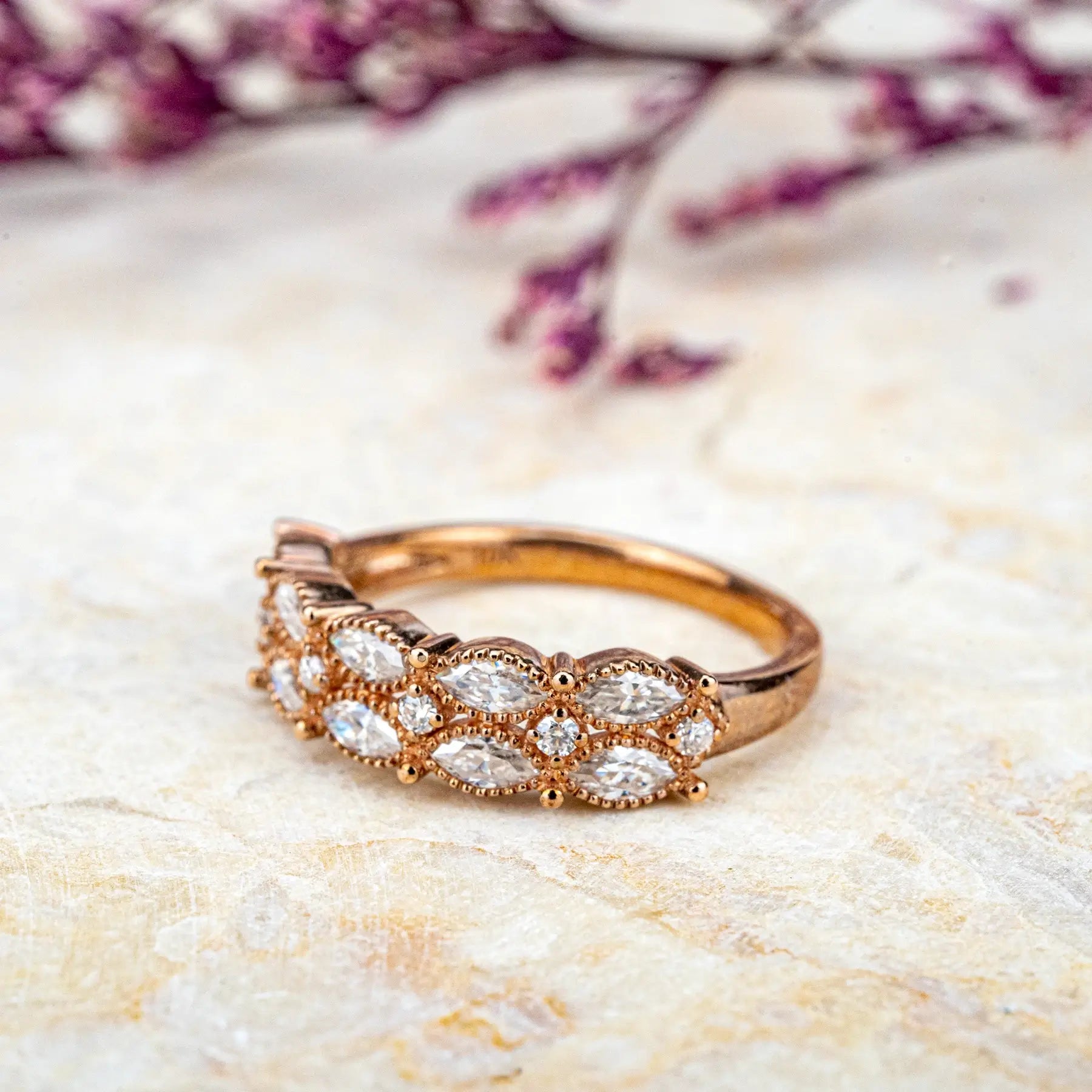Rose Gold Marquise Moissanite Ring – Vintage Promise Band in 18K Gold