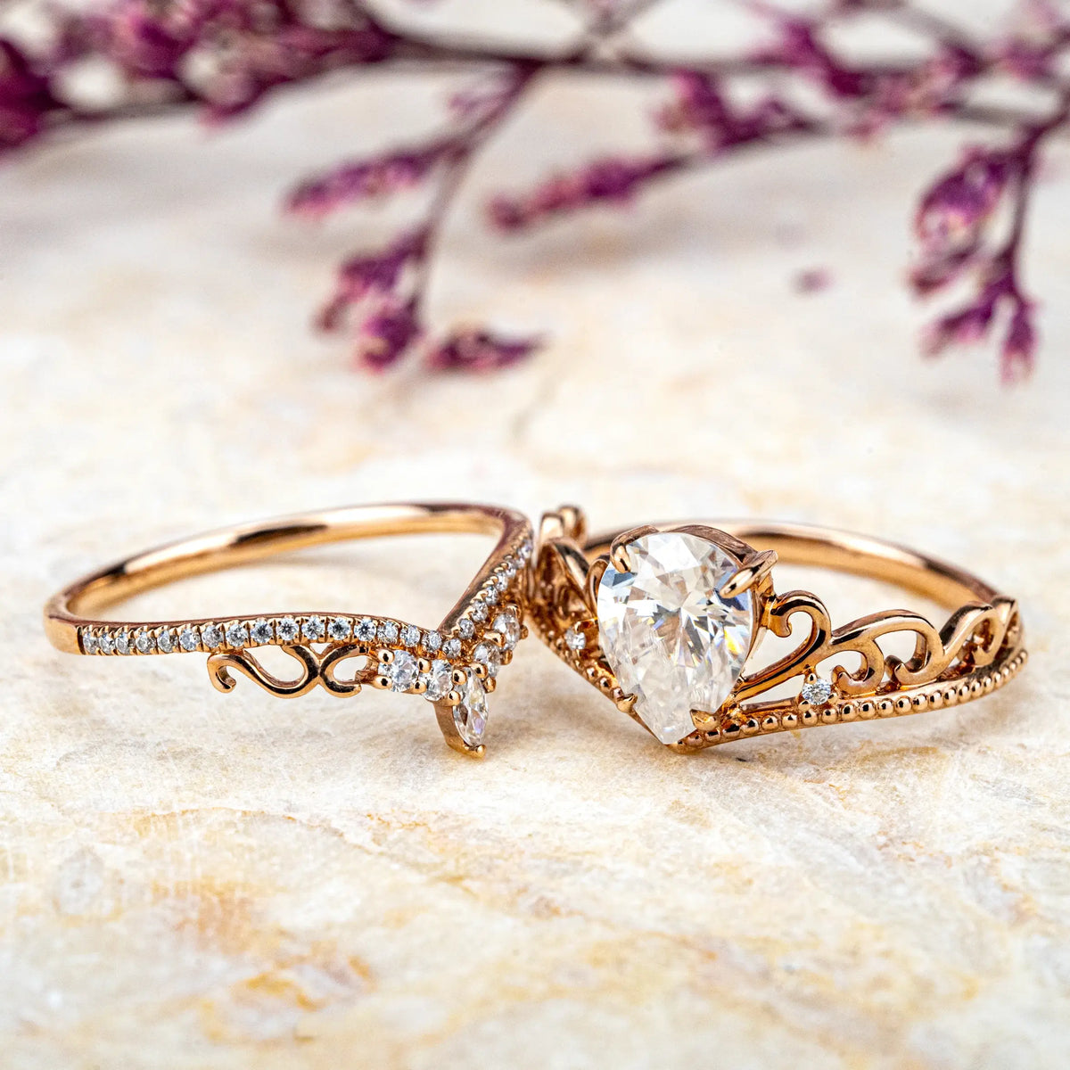 Vineheart Promise Rings – 14K Gold Pear Cut Moissanite Ring Set